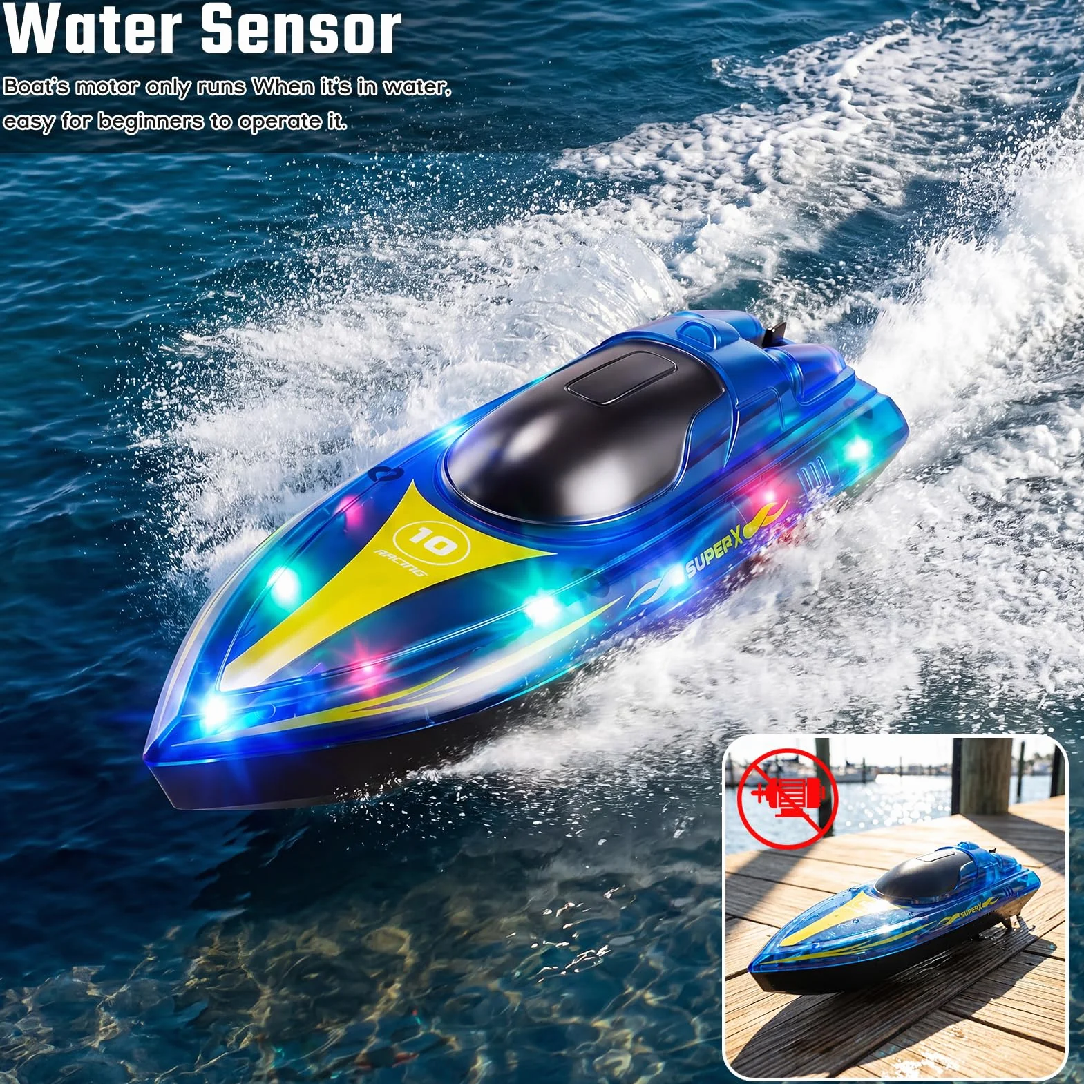 Barca Telecomandata, 2.4GHz Barca Radiocomandata, 15KM/H Motoscafo Telecomandato on Luce LED, 2 Batterie per 90 Min, Allarme Batteria, RC Boat per Piscine e Laghi, per adulti e bambini sopra i 14 anni