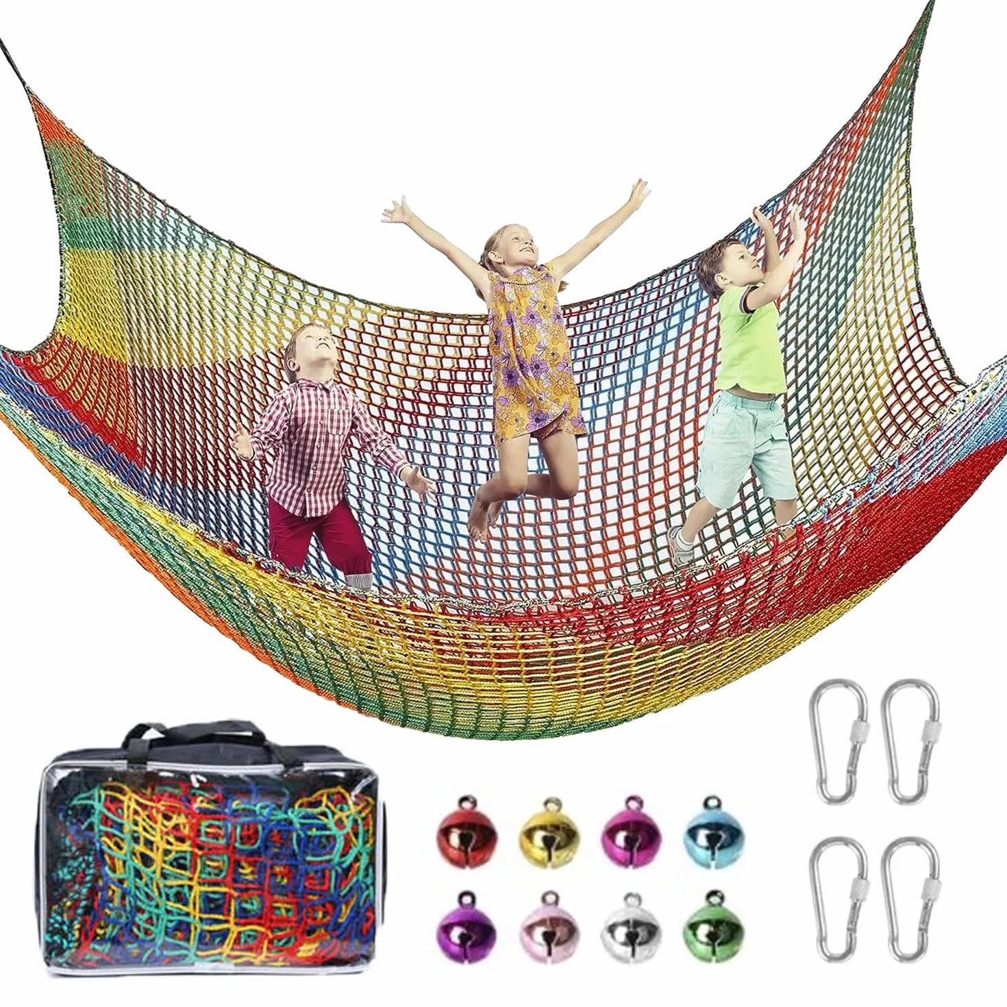 Rete Da Arrampicata Per Parco Giochi,3x3m Doppio Strato Rete Protezione Di Sicurezza Per Bambini,Adatto Per Uso Esterno e Interno,Include Una Borsa Portaoggetti,4 Ganci e 8 Campanelli(Arcobaleno)