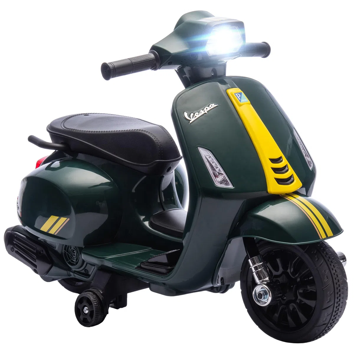 AIYAPLAY Moto Elettrica per Bambini con Licenza Vespa Ufficiale, Motorino per Bambini con Batteria Ricaricabile 6V e Rotelle, Luci e Clacson, Età 2-4 Anni, Verde Scuro