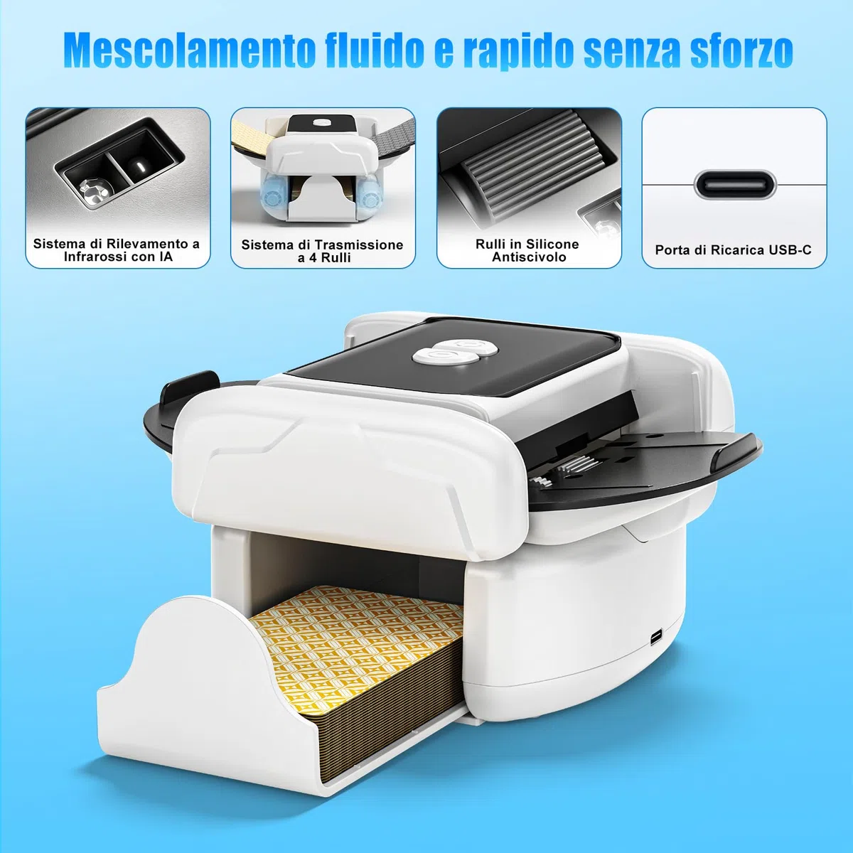 Mescolatore Carte da Gioco Elettrico Automatico per 1-2 Mazzi, con modalità Automatica e Manuale, Custodia Portatile e Basso Rumore per Poker, Blackjack, Texas Hold'em, Phase 10