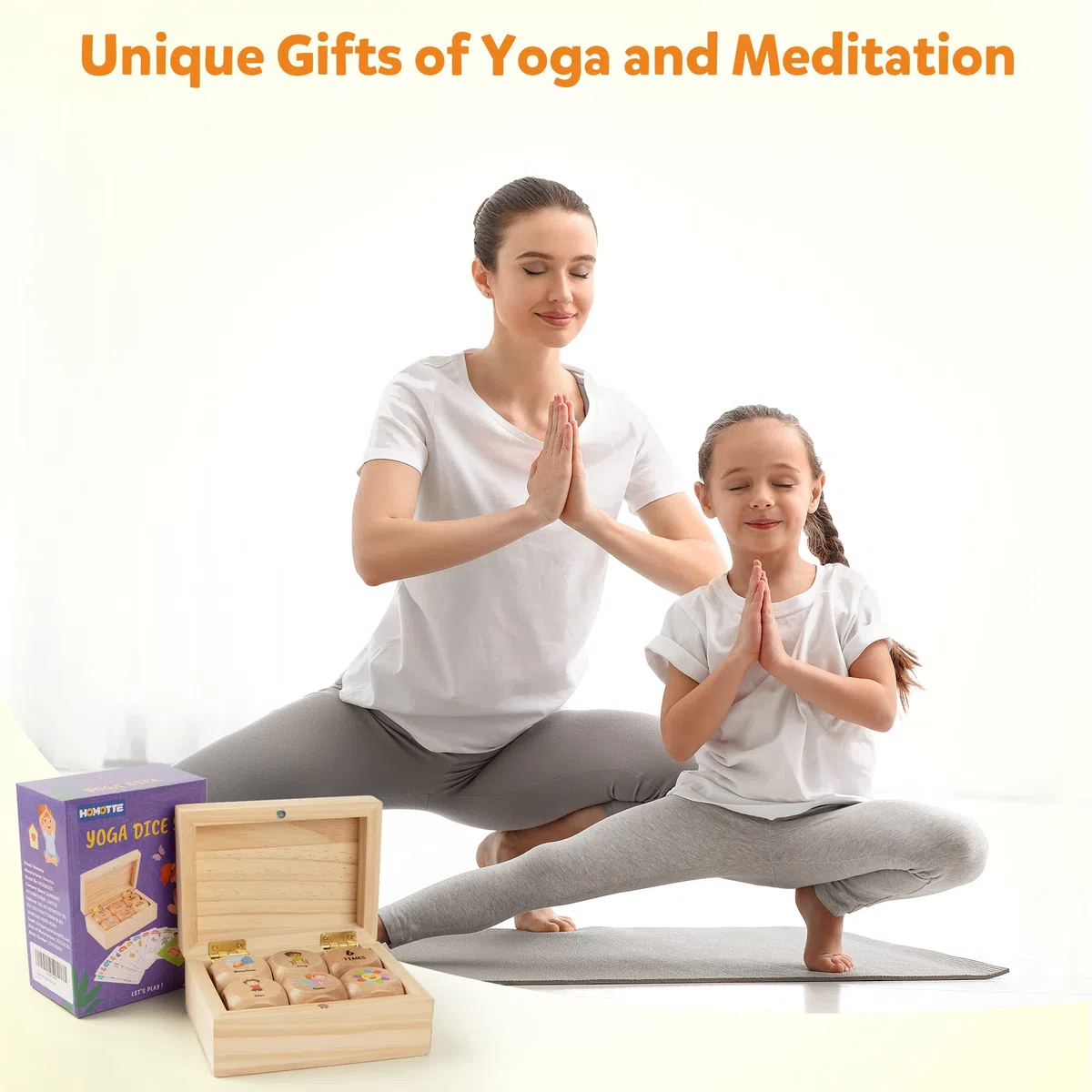 Homotte Set di dadi da yoga in legno per bambini, divertente gioco di allenamento con 6 cubi di esercizio, 12 carte yoga e una scatola, per la festa della mamma, per lo yoga di Natale per ragazze e
