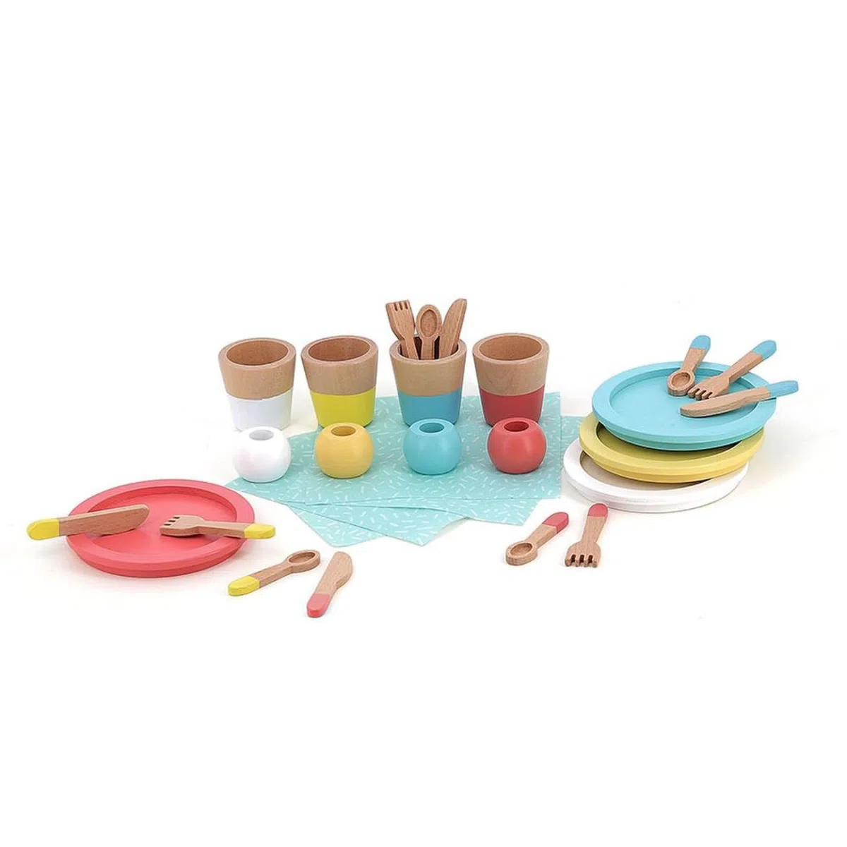 Vilac Dinette Pasto in Legno-Set di 28 Pezzi per Bambini-Stimola l'immaginazione e l'imitazione con Piatti, Occhiali, Posate e Asciugamani-Promuove le capacità motorie sottili, 8178