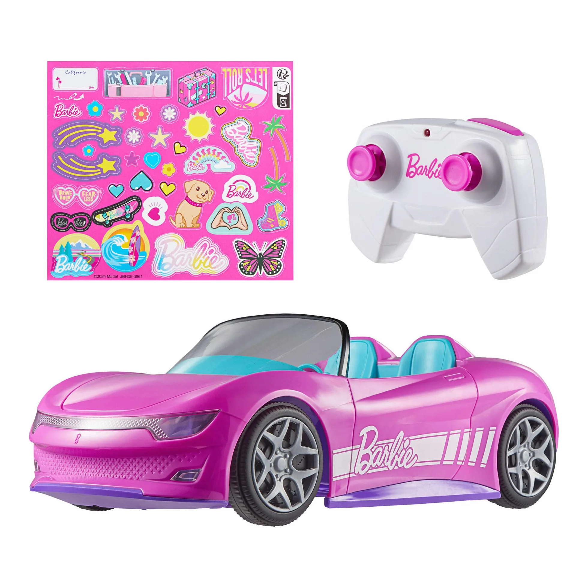Hot Wheels Barbie - Cabrio RC, auto rosa telecomandata con sticker adesivi inclusi, posti per due bambole e bagagliaio apribile, giocattolo per bambini, 4+ anni, JBH05