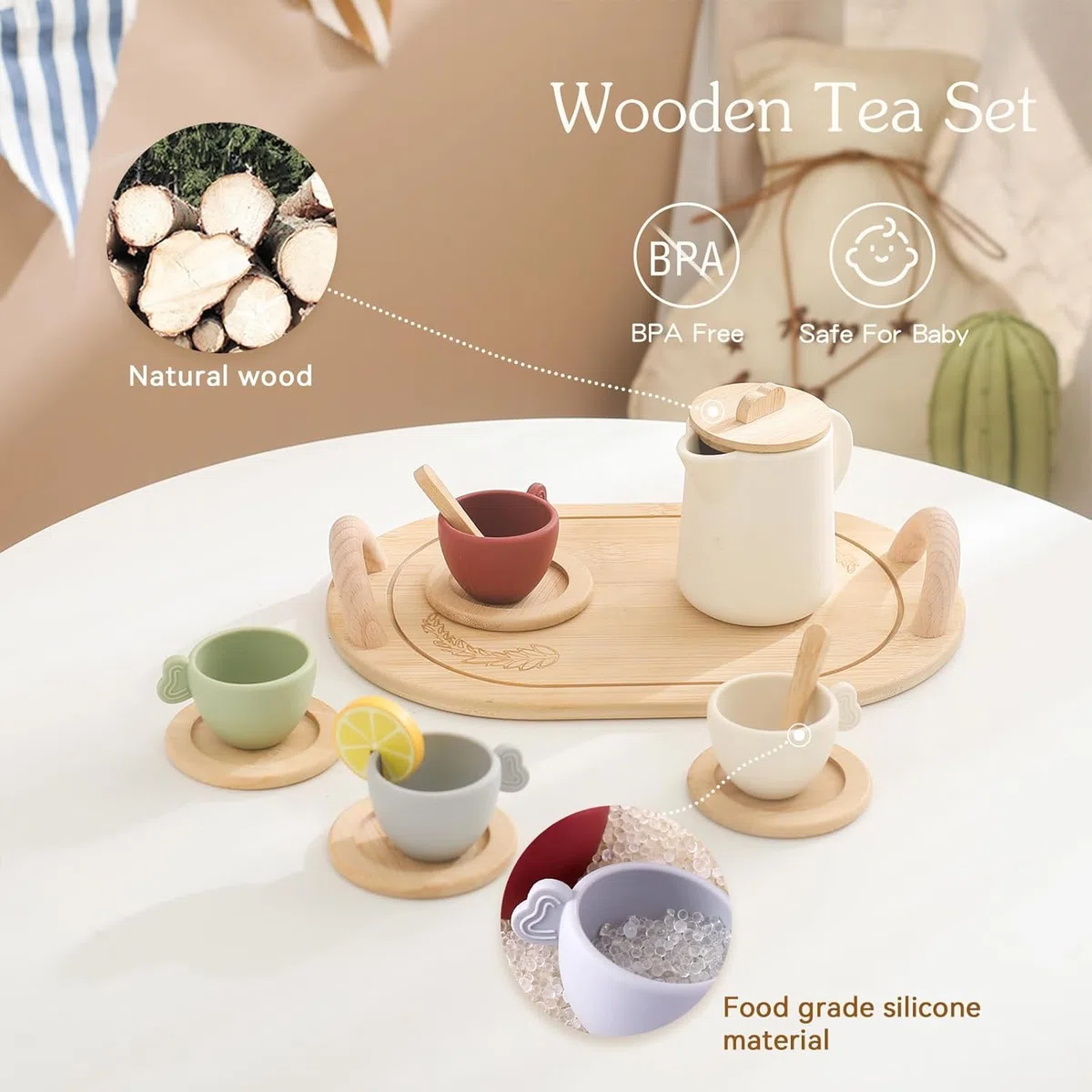 OESSUF Set da tè per bambini in legno per bambine e ragazzi, accessori da cucina giocattolo lavabile in lavastoviglie, set da tè per bambini, ideale come regalo di Natale e compleanno