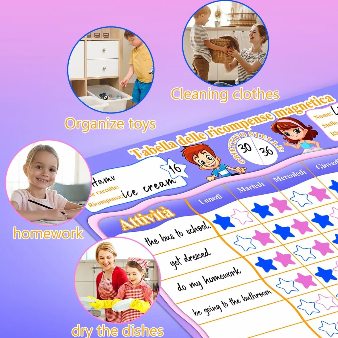 Tabella Delle Ricompense per Bambini,Tabellone Delle Ricompense bambini,Tabella Delle Ricompense Magnetica,Routine Bambini Giornaliera,Buon Comportamento in Ragazzi/Ragazze,5 Penne,34X24 cm (Italiano)