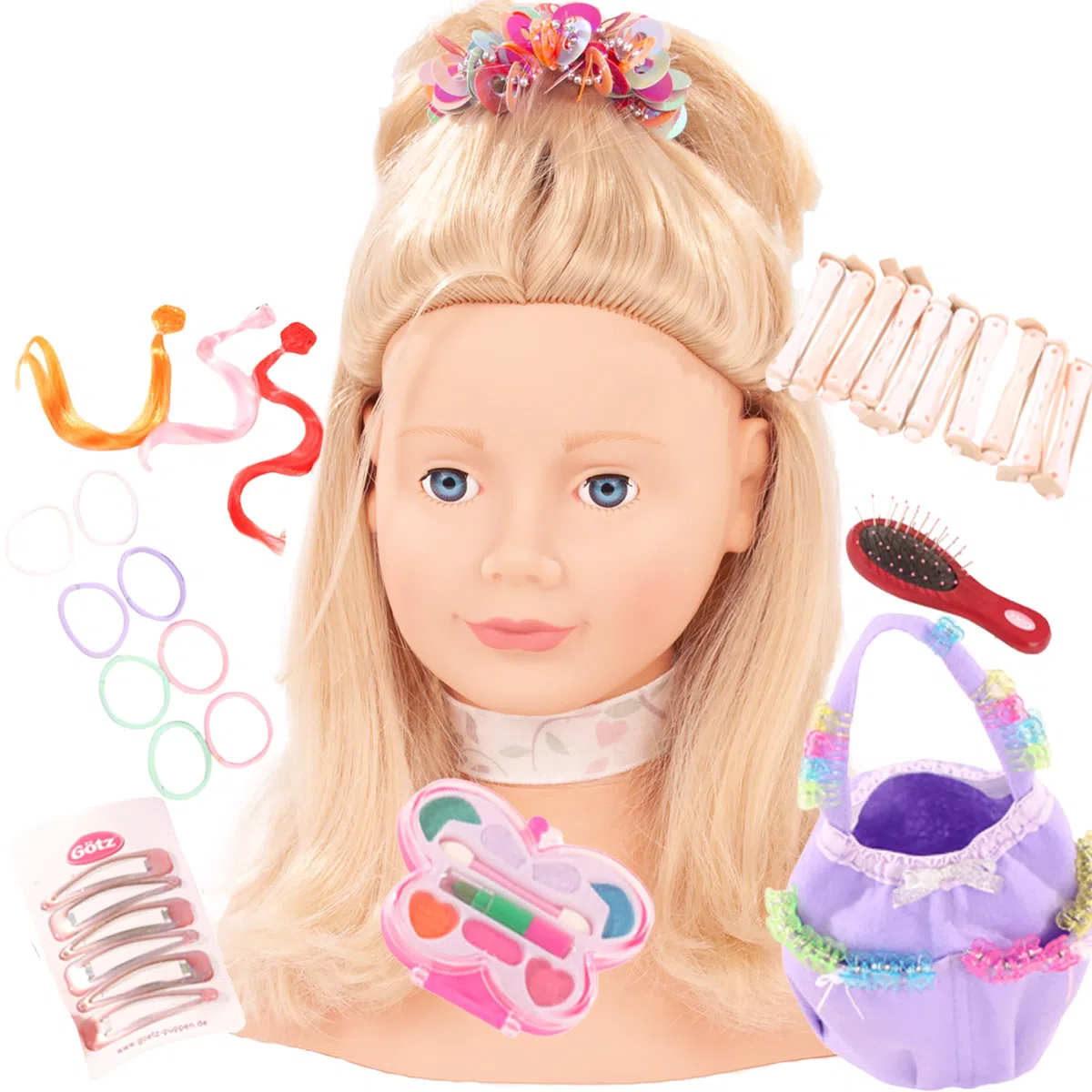 Götz 1192052 parrucchino con capelli biondi e occhi azzurri - testina per parrucchiere e trucco alta 28 cm in set da 57 pezzi - adatto per ragazze dai 3 anni in su
