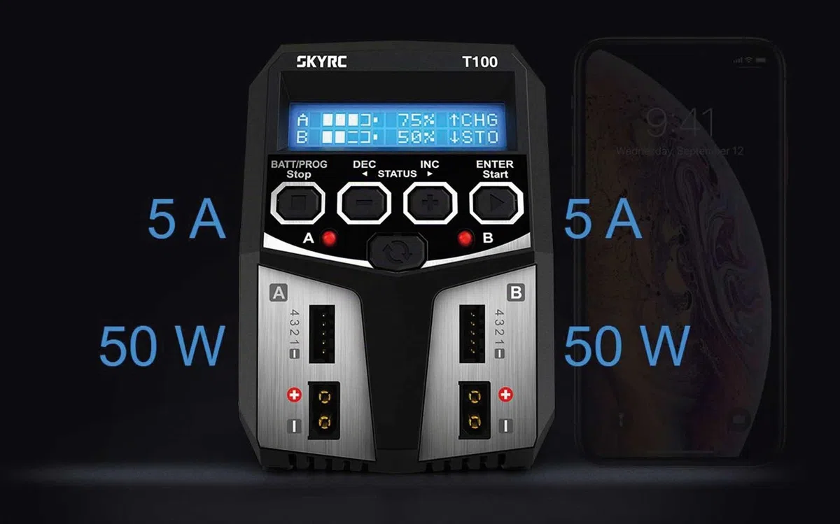 SKYRC T100 - Caricatore da modellismo 5,0 A, Lead LiFePO LiHV LiIon, LiPo, NiCd, NiMH Timer Stop
