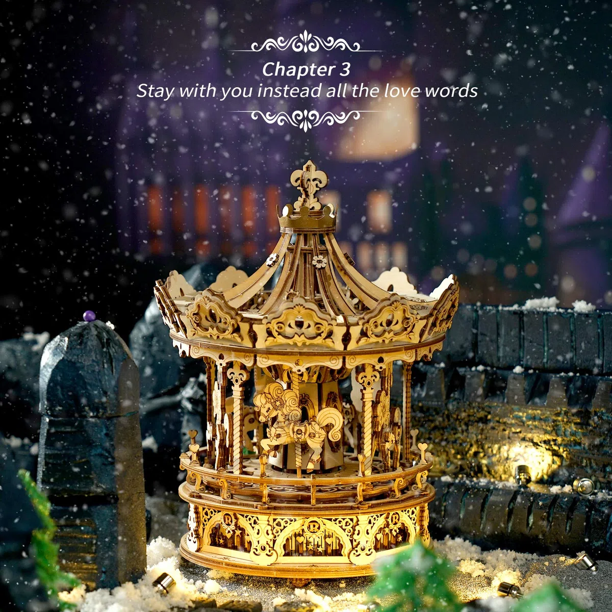 ROKR Puzzle 3D di Legno Carosello Rotante Musica Modellismo da Costruire Adulti Bambini Auto-Assemblante