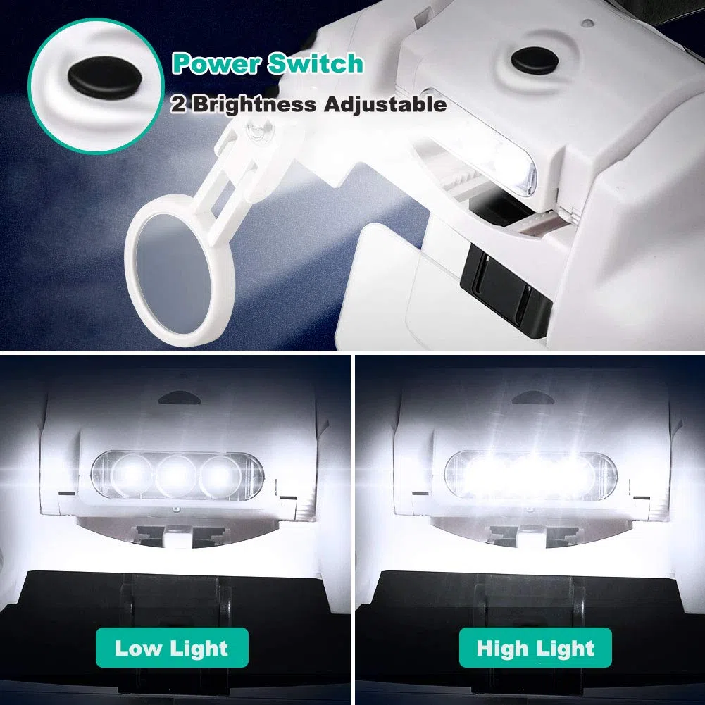 Powcan Lente Ingrandimento con Luce Occhiali Ingrandimento Professionali per Modellismo,Riparazione Orologi,Ricamo,Piccoli Lavori di Miniatura-6 Lenti Intercambiabili 1.0X, 1.5X, 2.0X, 2.5X, 3.5X,8X