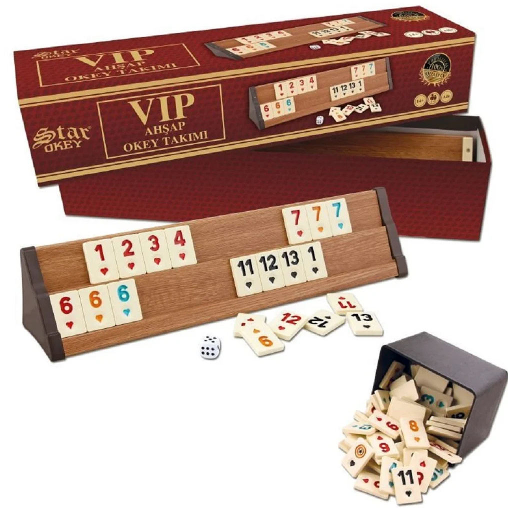 Rummy Okey - Set di giochi premium "VIP Wooden", edizione con pietre in plastica, Okay Takimi, in legno di alta qualità (legno)