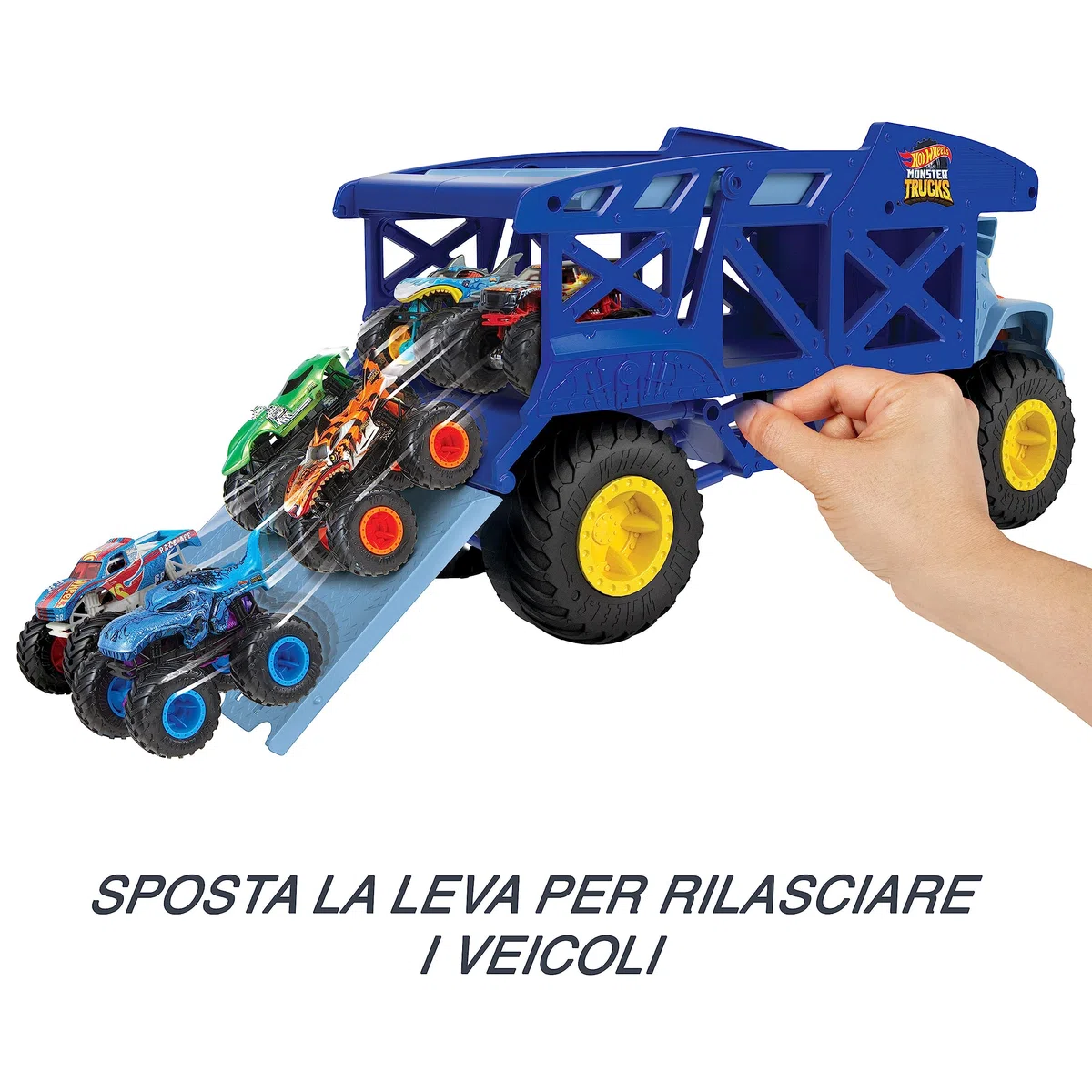 Hot Wheels - Monster Trucks Rino-Trasportatore di auto giocattolo, può contenere 12 Monster Trucks in scala 1:64, con rampa di lancio, Giocattolo per Bambini 3+ Anni, HFB13