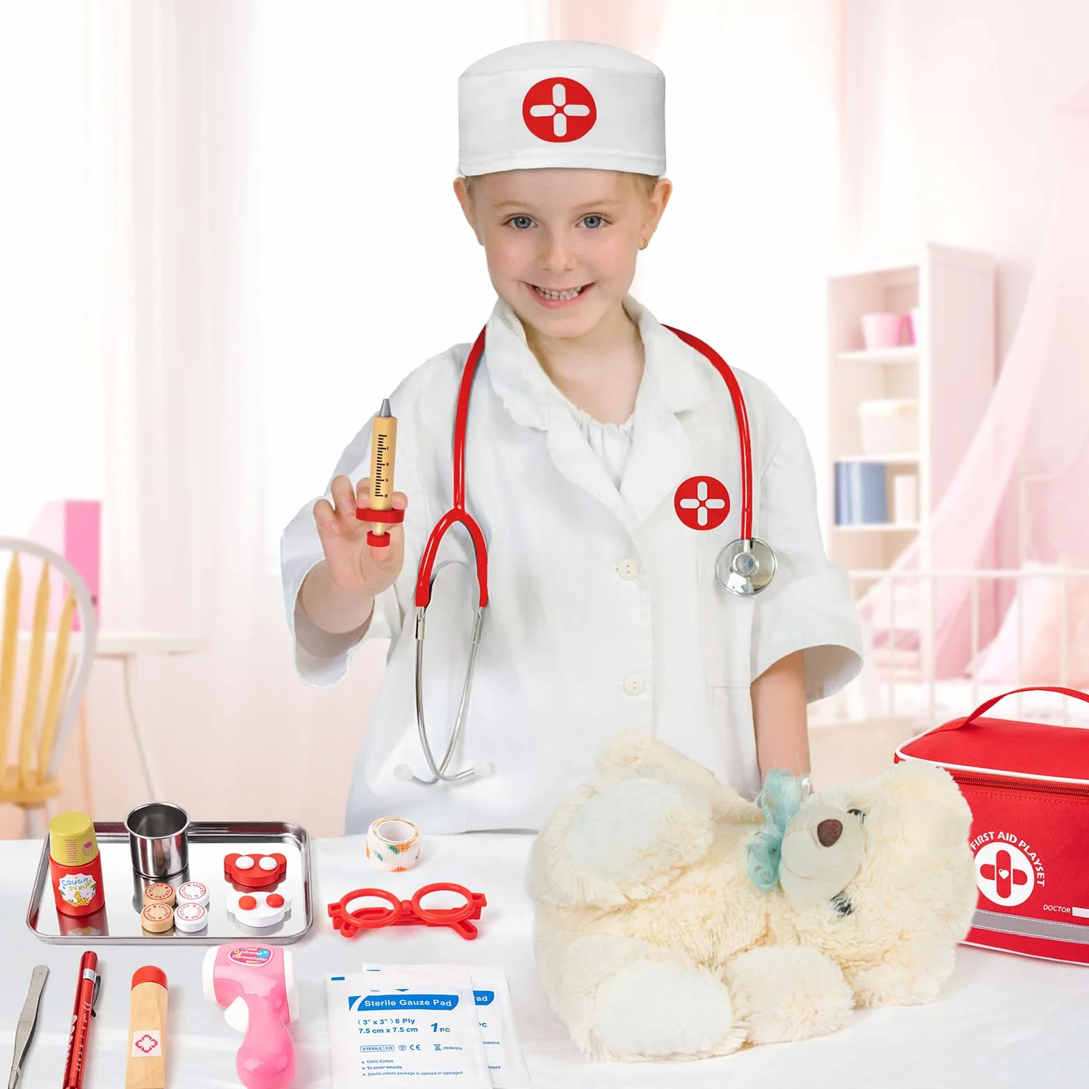 EFO SHM 34 Pezzi Kit Medico per Bambini con Vero Stetoscopio e Camice - Valigetta Dottore Portatile, Gioco di Ruolo Interattivo, Idea Regalo 3 4 5 6 Anni