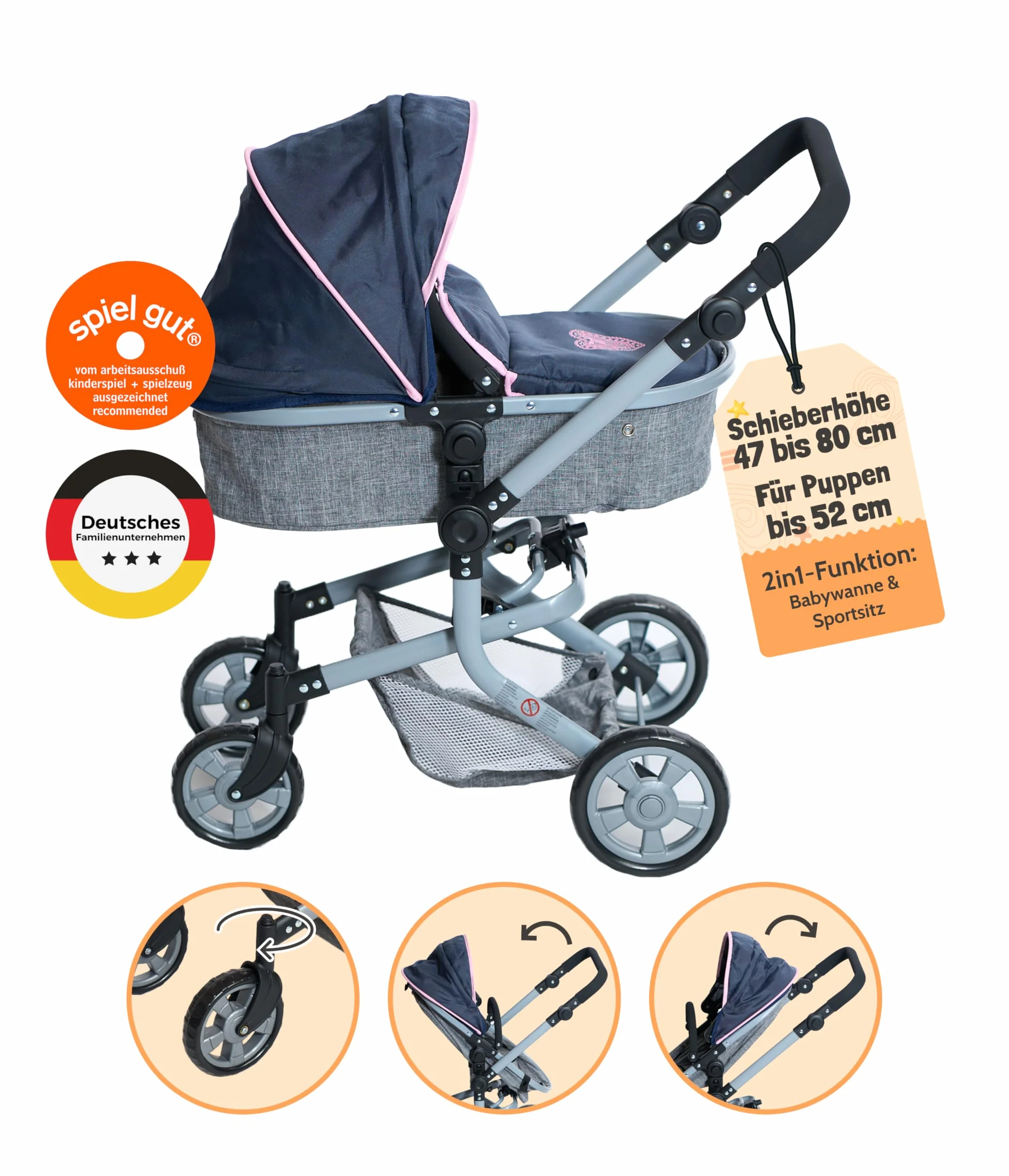 Bayer Chic 2000 - Passeggino per bambole Mika, passeggino combinato 2 in 1 per bambini dai 4 agli 8 anni, passeggino per bambole fino a 52 cm, orsetto, rosa, 73 x 41 x 82 cm