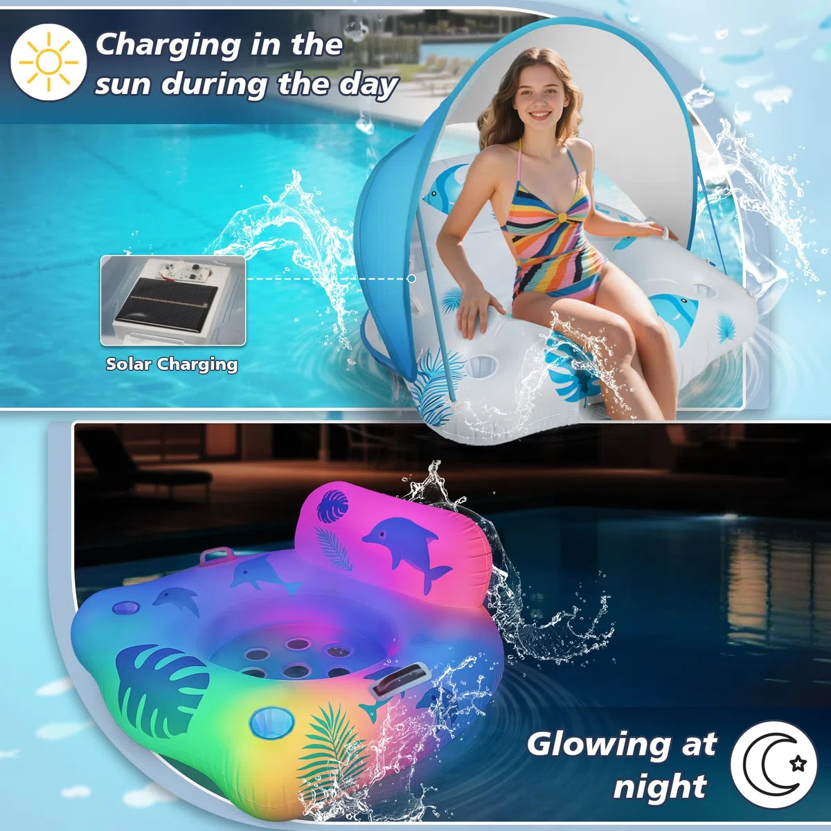IEEILULU Gonfiabile Piscina Adulti, Sedia Galleggiante per Piscina con Parasole e Luci de Colore, Poltrona Gonfiabile Mare Piscina Giganti per Esterni, Spiagge, Laghi