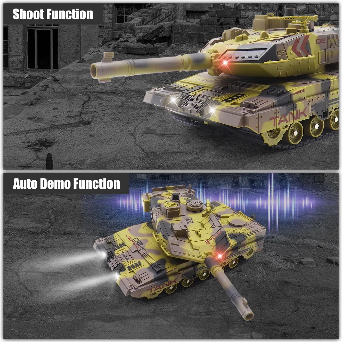 Carro Armato RC che Spara per Bambini Adulti, Modello di Veicoli Militari con Controllo Remoto 2.4G, Carro Armato dell'Esercito Giocattolo con Suono Demo Automatico, Luce, Fumo, 13 Canali