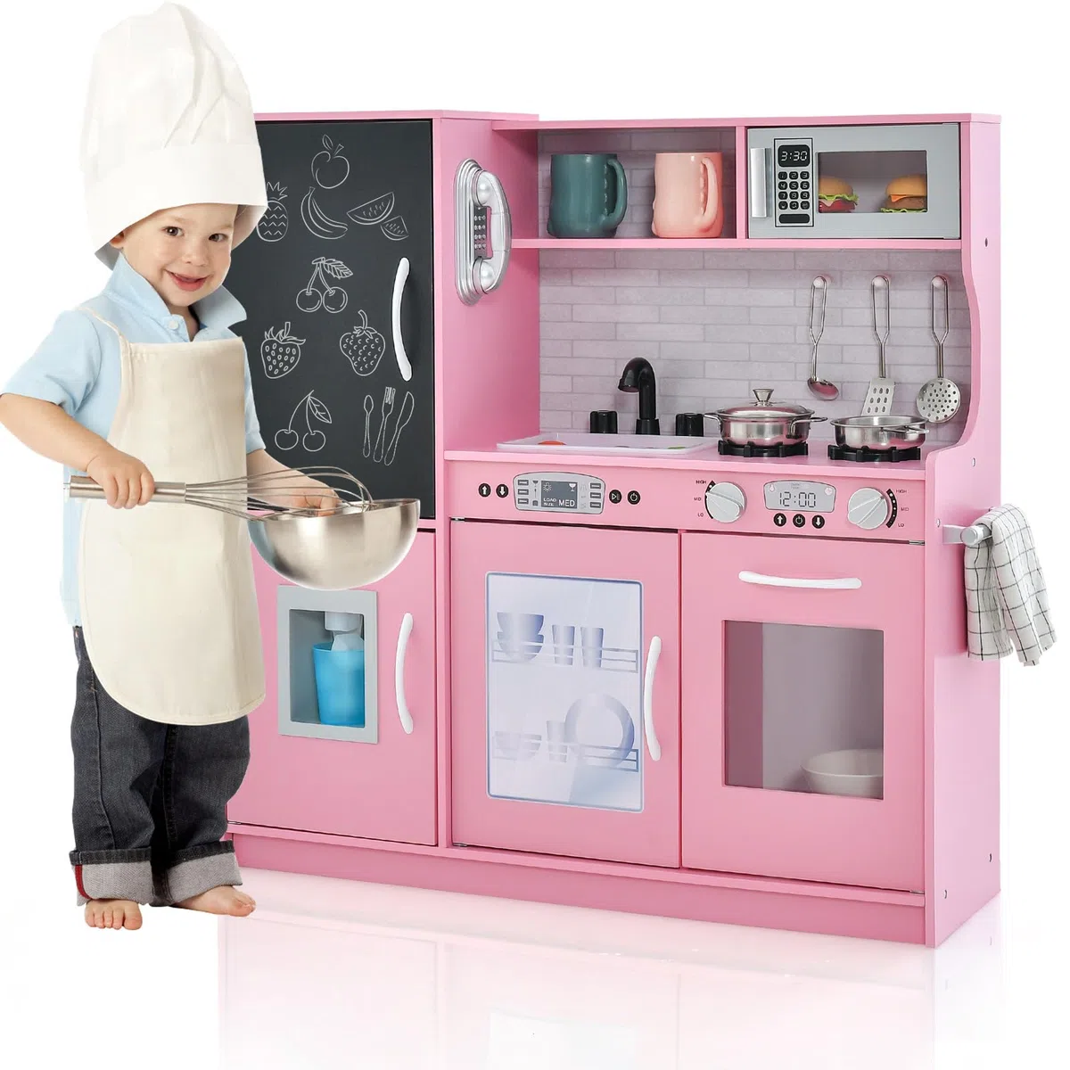 HOMASIS Cucina Giocattolo con 10 Accessori, Cucina in Legno per Bambini con Suoni con Lavagna, Lavello, Fornelli, Macchina del Gelato, Telefono, Cucina per Bambini dai 3 Anni (Rosa)