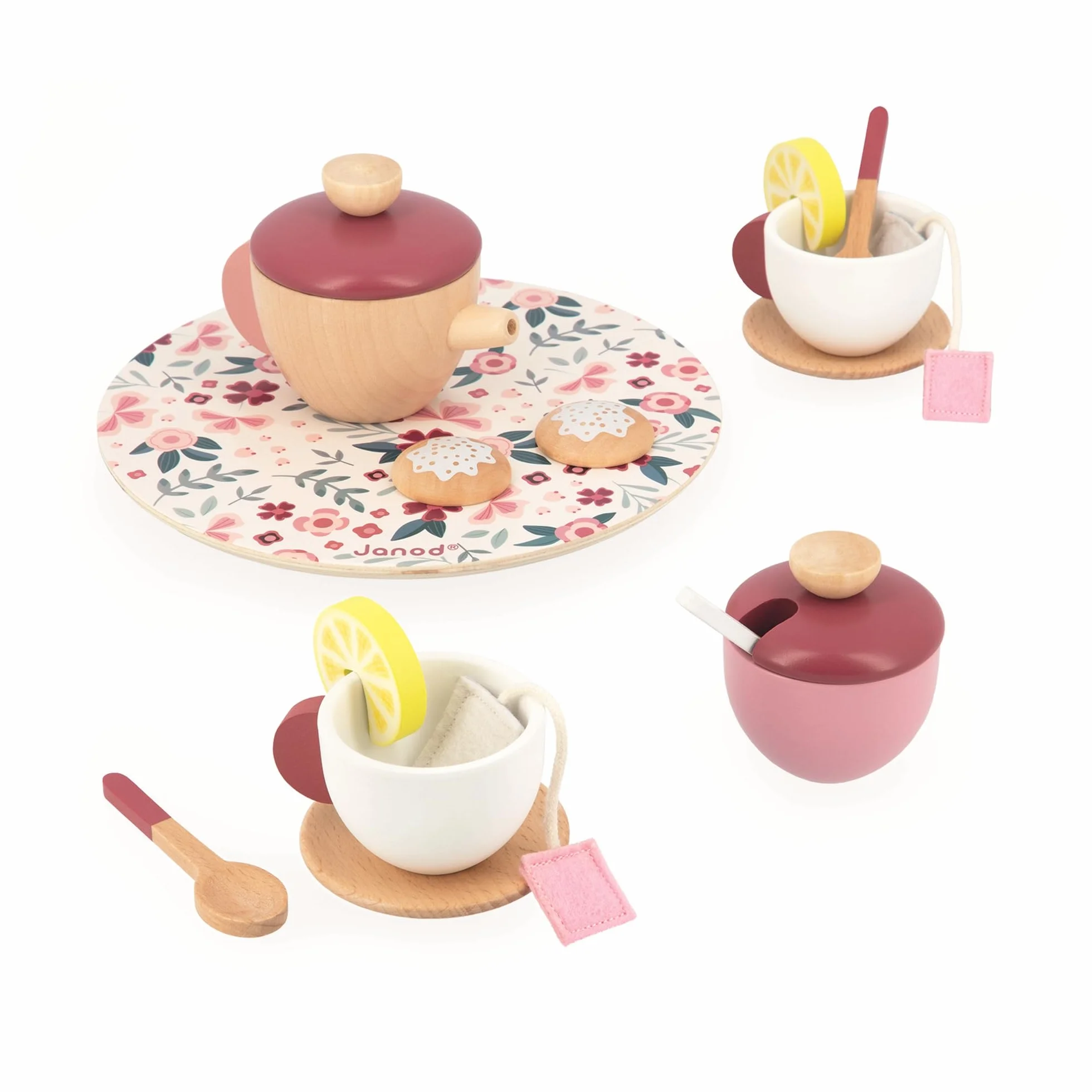 Janod - Servizio da tè Twist - 16 Accessori Legno e Feltro - Giocattolo di Imitazione - Servizio tè Bambini - in Legno FSC - dai 2 Anni, J06631