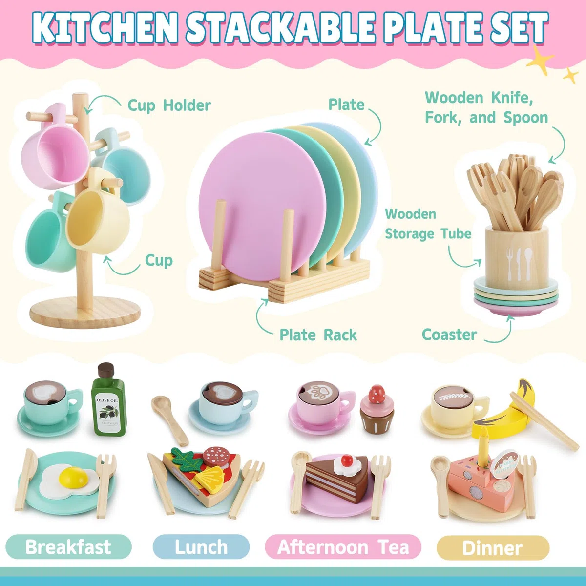 GAGAKU Set di stoviglie da cucina per bambini, 27 pezzi, servizio da tè per bambini, in legno, con supporto, giocattolo Montessori per bambini 3-5 anni, giocattolo educativo per giochi di ruolo
