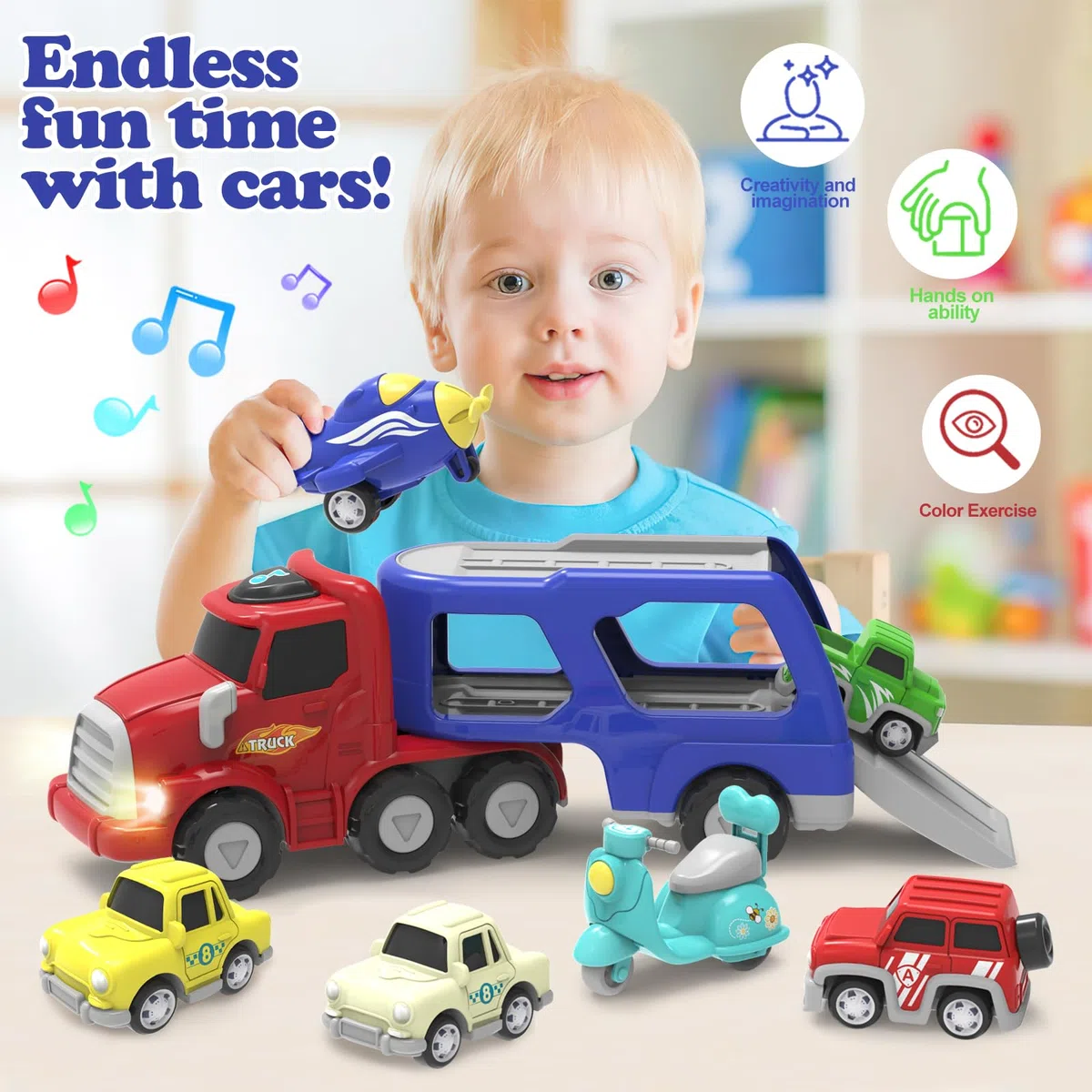 Giochi Bambini 2 Anni,7 in 1 Camion Macchinine con Suoni e Luci,Camion Giocattolo per Bambini,Regalo Bambino 2 3 4 Anni
