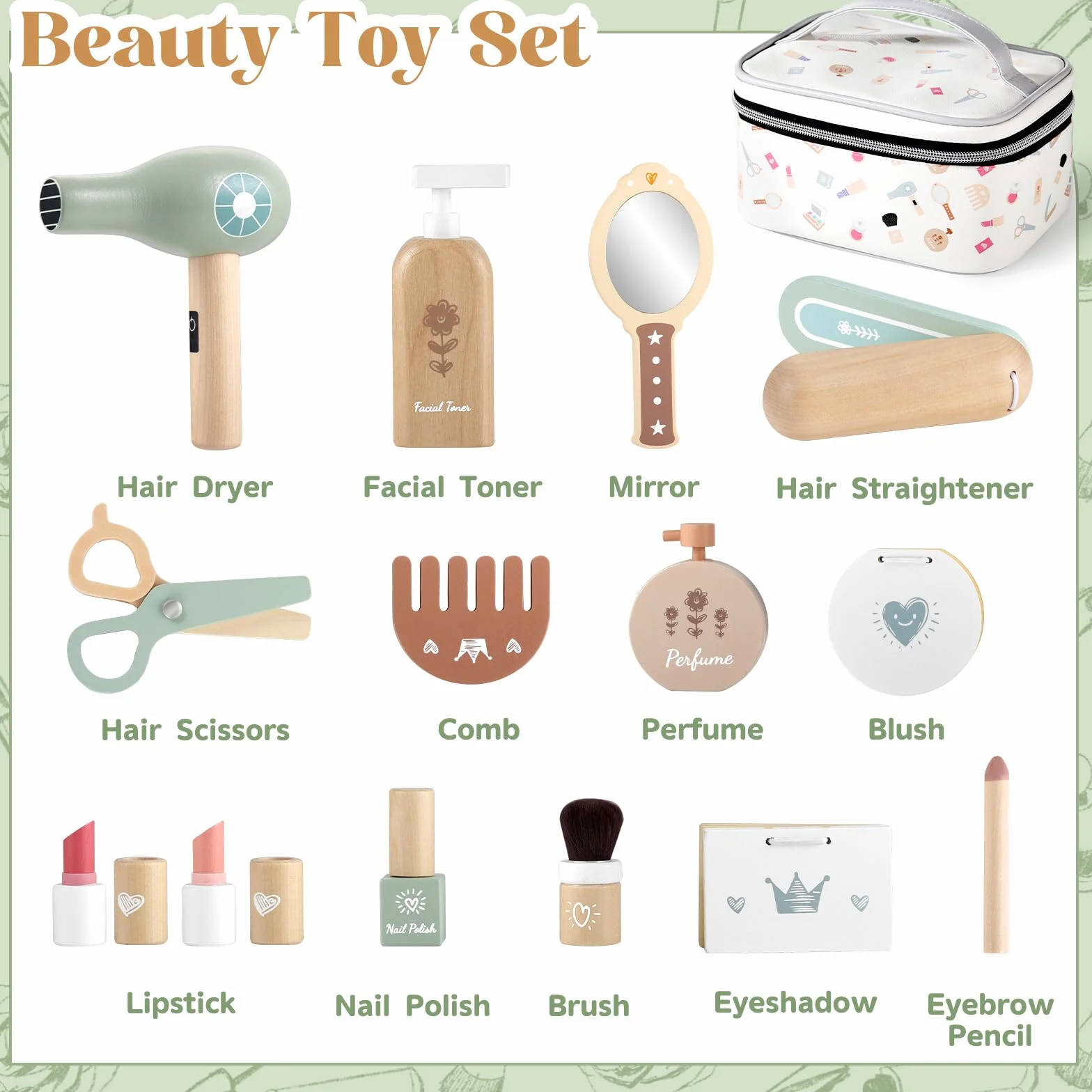 GAGAKU Set di trucchi in legno per ragazze dai 3 anni in su, con accessori realistici come rossetto e specchio, perfetto per bambini