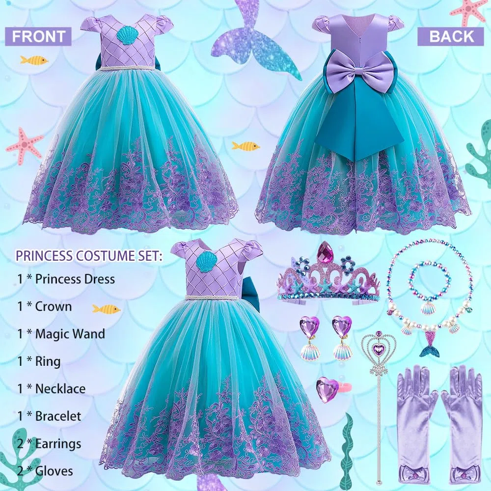 Vestito Principessa Bambina, Principessa Costume con Corona Set, Ragazze Costume, Fantasia Vestito per Halloween Carnevale Cosplay Compleanno Natale Festa