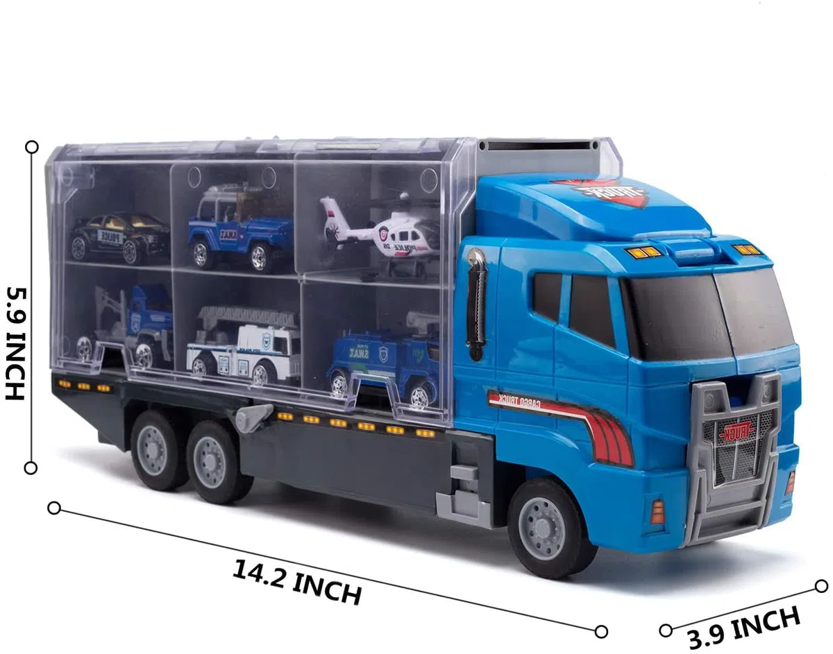 Camion Giocattoli Trasportatore di Polizia 10 in 1 con Maniglia, Set di Mini Veicoli in Plastica Pressofusa, Istruzione Prescolare per Bambini Regalo per Festa di Compleanno Party Natale