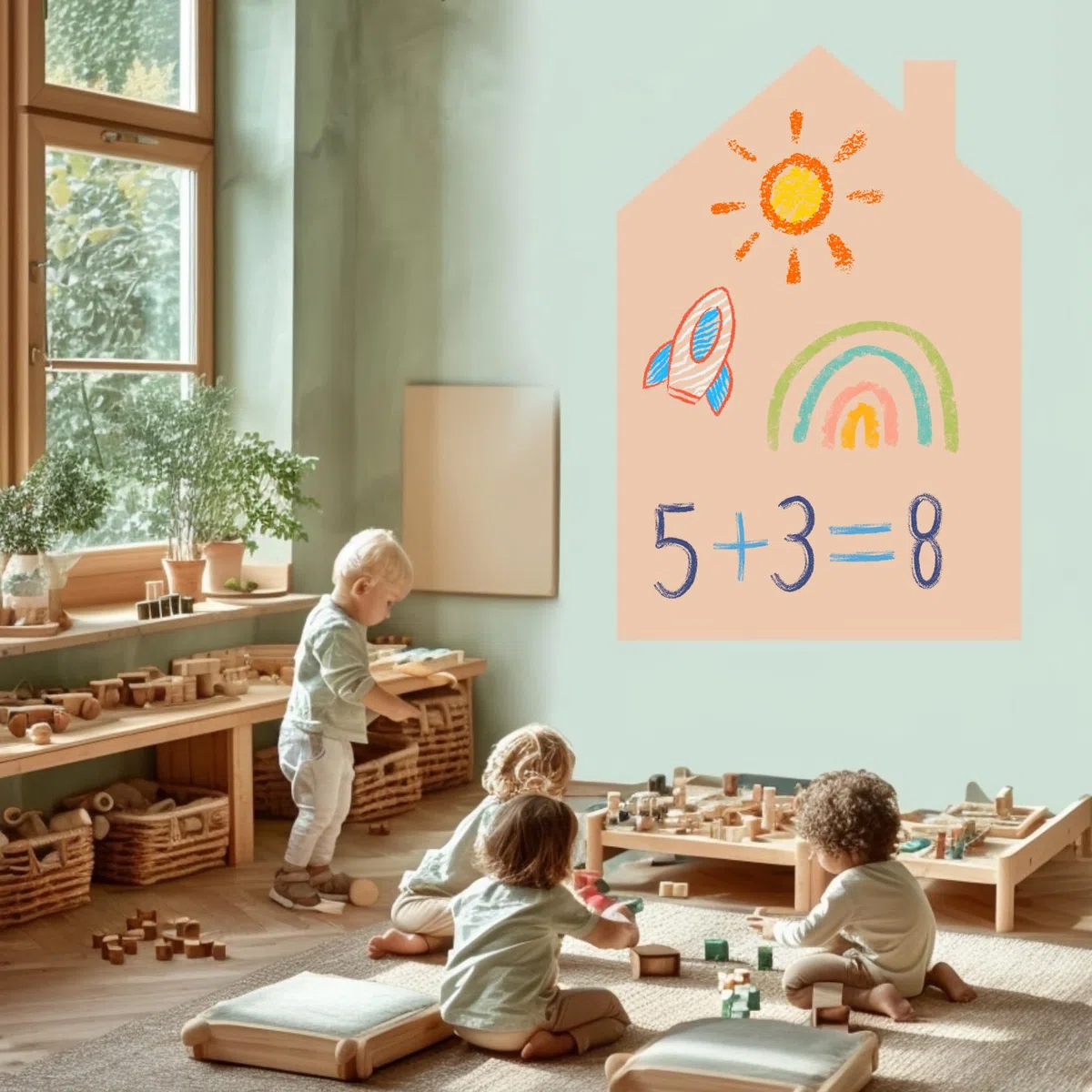 Lavagna magnetica per bambini - autoadesiva, a forma di casa e di colore con gessetti - ideale come regalo per ragazze e ragazzi (Casa Sabbia 100 x 80 cm)