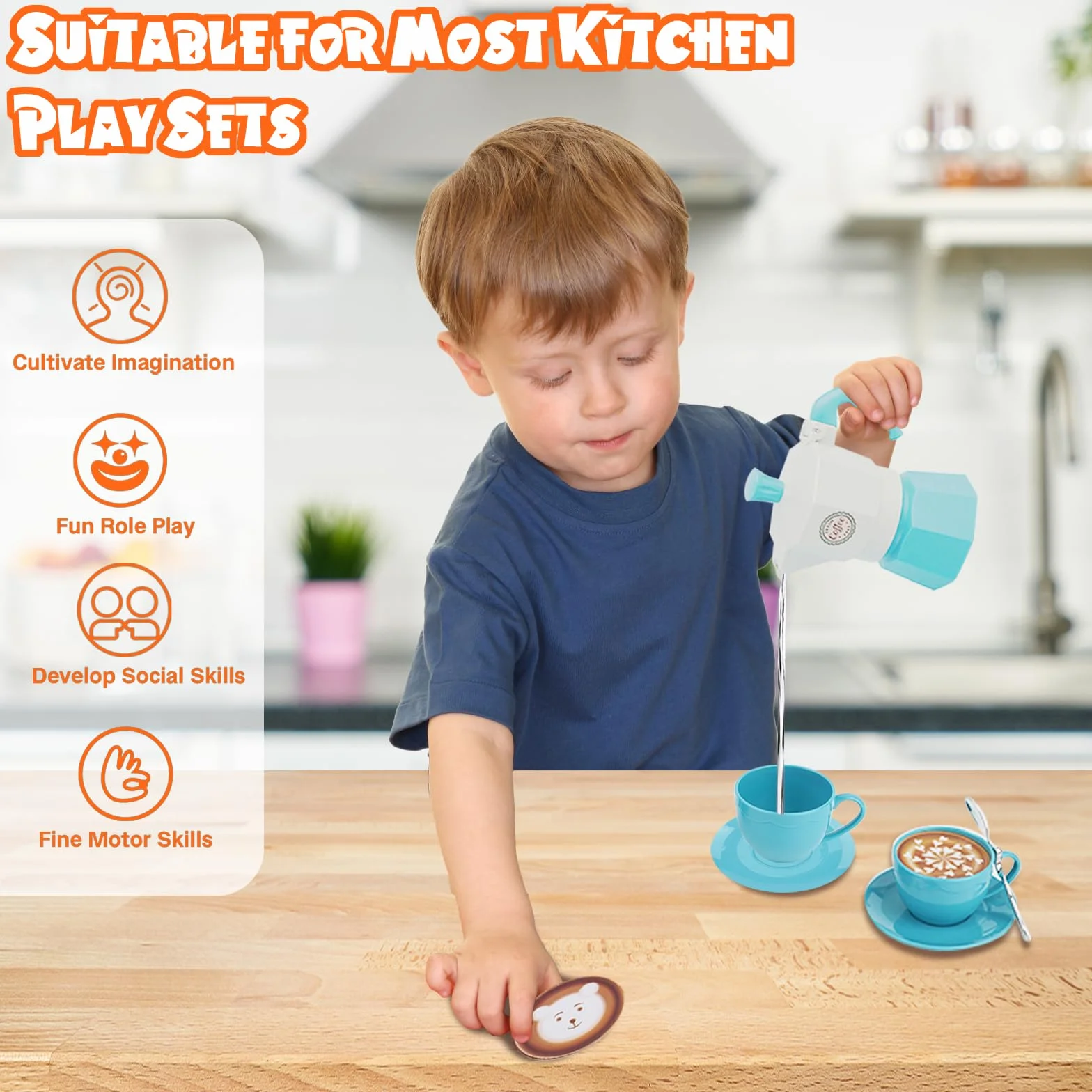 Cucina Giocattolo per Bambini,Accessori Cucina Bambini con Cestino da Picnic ,Tappetino, Dolce e Caffettiera,Cibo Giocattolo,Giocattoli da Picnic per Bambina 3 4 5 anni (Blu)