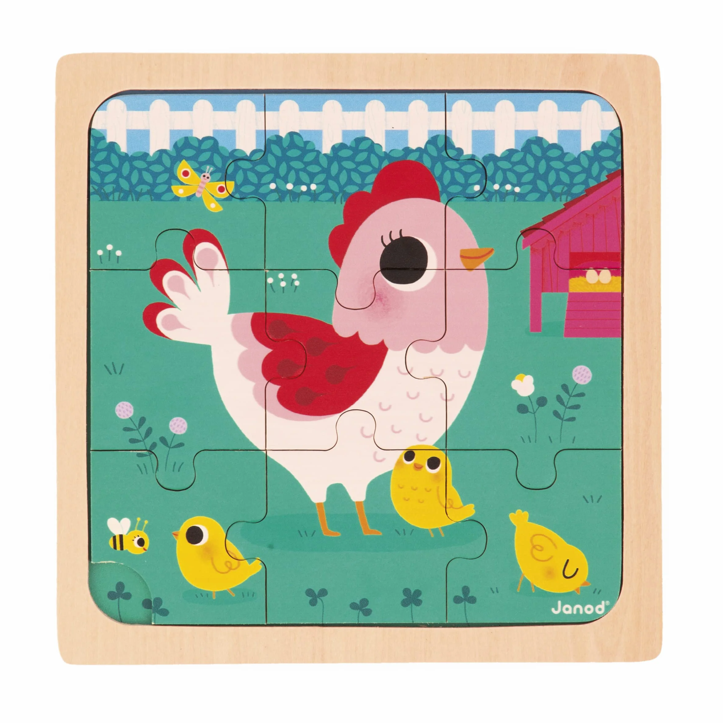 Janod - 3 Puzzle in Legno da 9 Pezzi - Gallina, Gatto, Coniglio - Giocattolo per Bambini - Gioco Educativo Prima Infanzia - Dai 18 Mesi, J07113