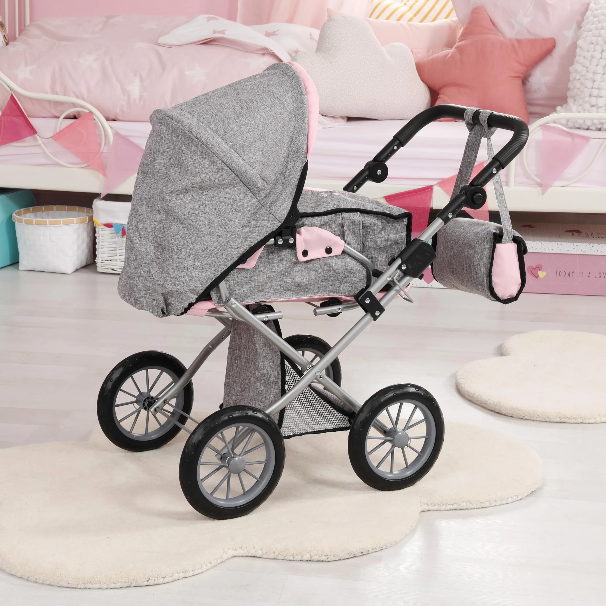 Bayer Design 13633AA Carrozzina per Bambole City Star, Passeggino per Bambole, pieghevole, regolabile in Altezza, convertibile con borsa