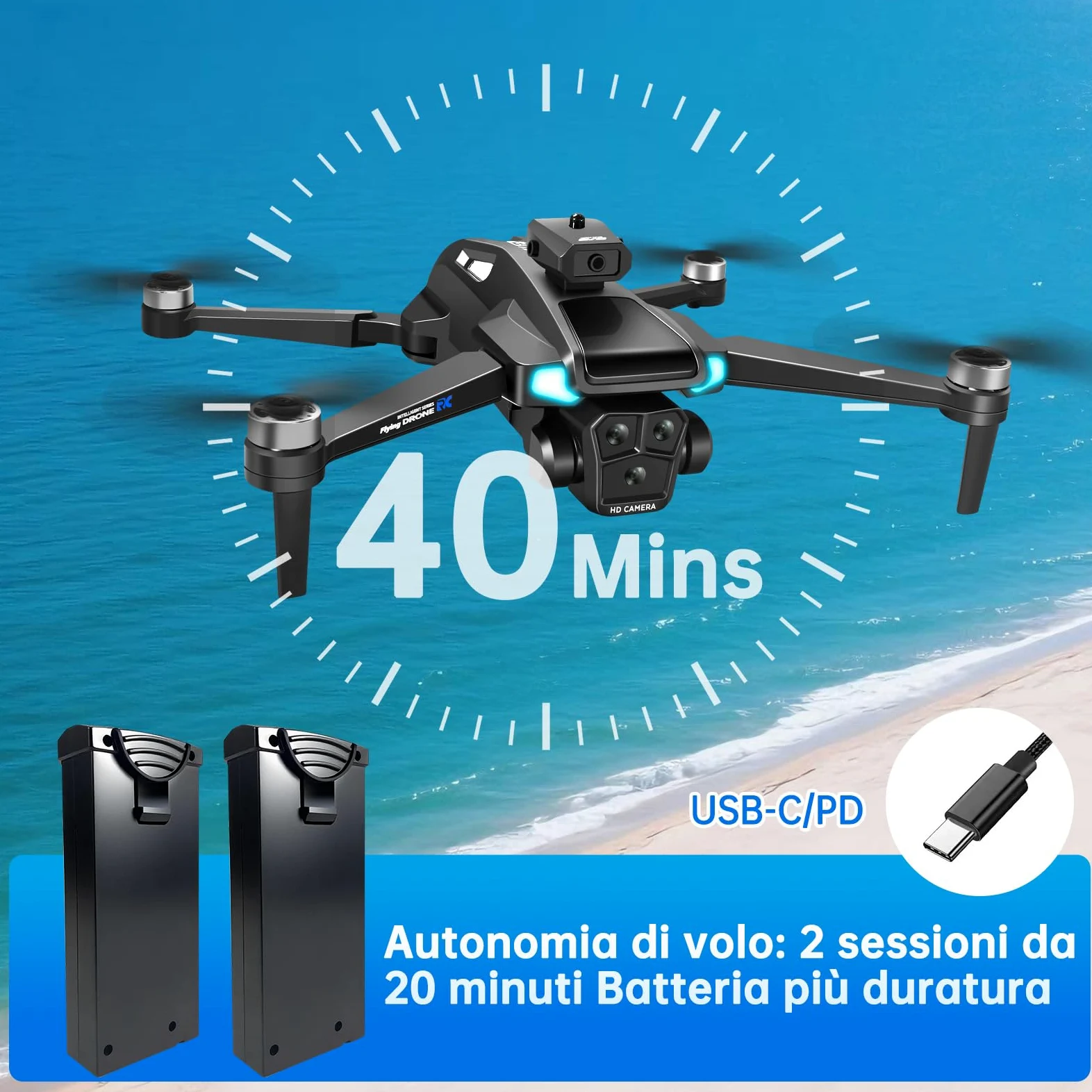 Drone con Telecamera 4K HD per Adulti e Principianti, Tempo massimo di volo 40+ minuti,Mini Quadcoptero RC Piegevole 2.4G WIFI con Motore Brushless, 2 Batterie, Autoscatto con Gestuali