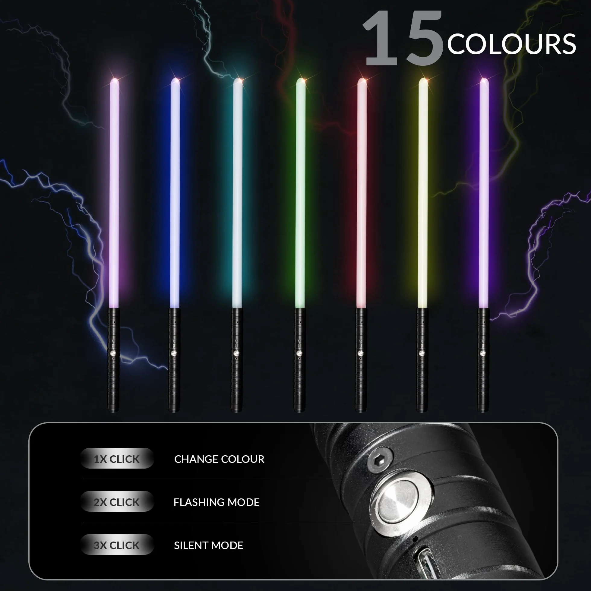 Spada Laser con Impugnatura in Metallo | Set di 2 Spade Laser Ricaricabili | Spada Laser da Combattimento con 15 Colori ed Effetti Sonori | Lightsaber a Doppia Lama (Nero)