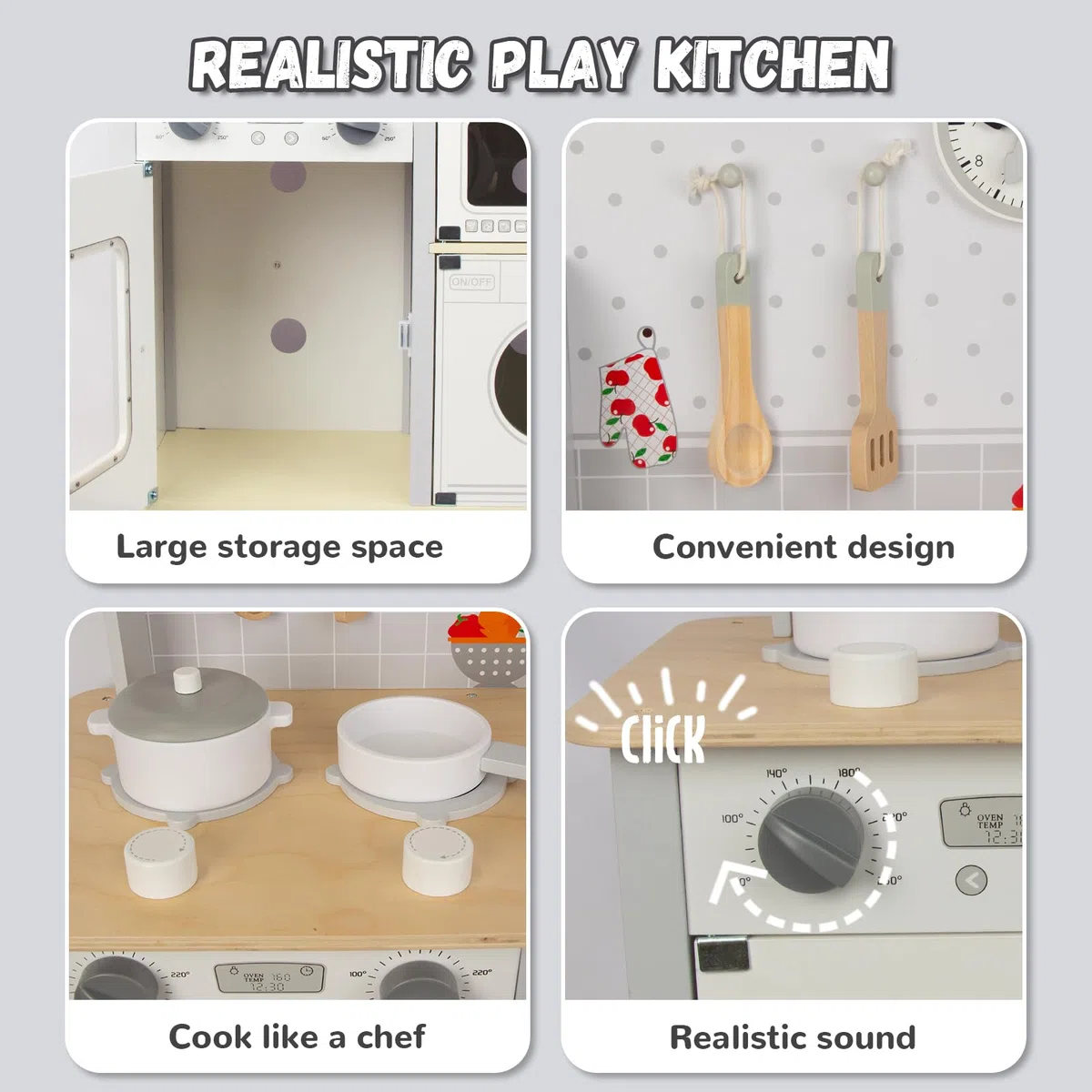WOODENFUN Cucina giochi per bambini 3-8, in legno per bambini che giocano cucina Playset Chef Pretend Play Set per bambini piccoli, giocattoli da cucina regali per ragazzi ragazze (bianco)