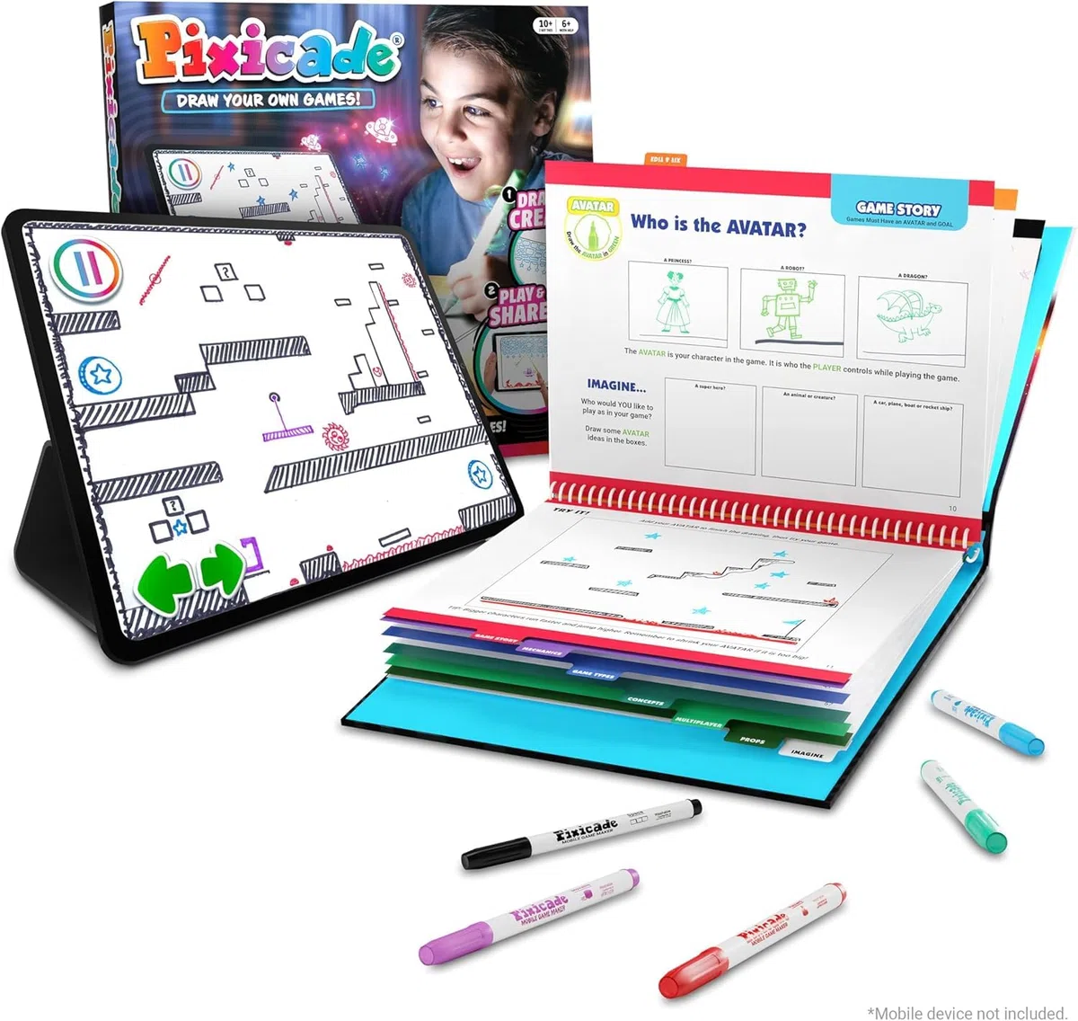 Abacus Brands Pixicade - Giocattoli creativi fai da te dai 6 anni in su. Crea i tuoi videogiochi con 5 pennarelli e 108 pagine, disegno, scansione e gioca