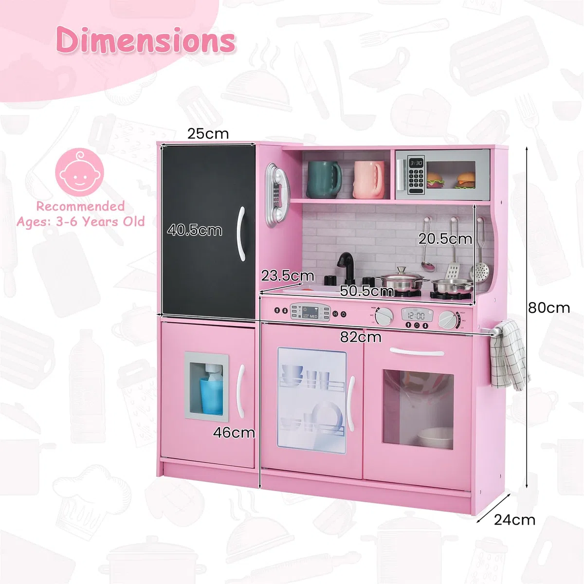 HOMASIS Cucina Giocattolo con 10 Accessori, Cucina in Legno per Bambini con Suoni con Lavagna, Lavello, Fornelli, Macchina del Gelato, Telefono, Cucina per Bambini dai 3 Anni (Rosa)