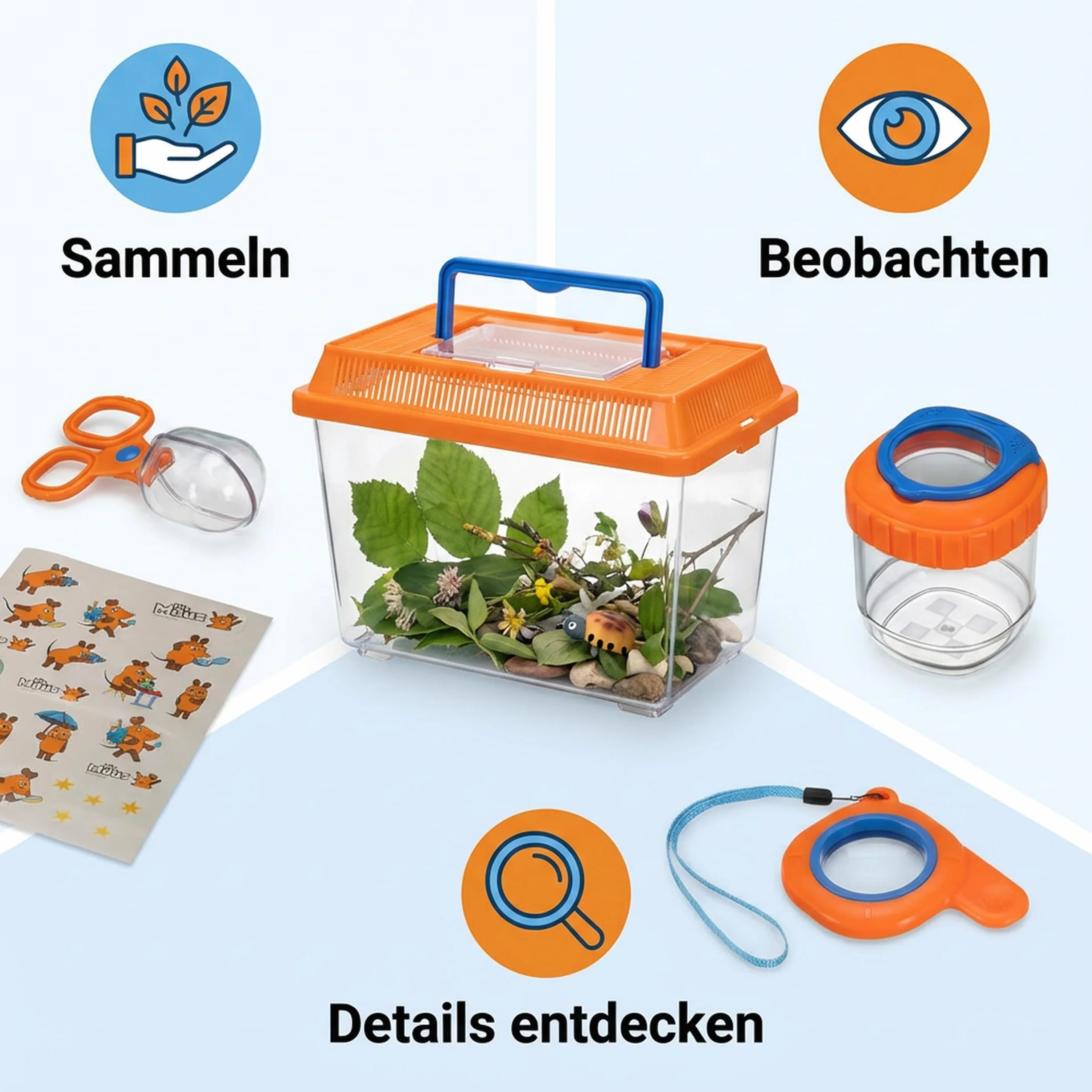 DieMaus Set esploratore bambini terrario retino lente barattolo lente attrezzo raccolta adesivi natura da 8 anni