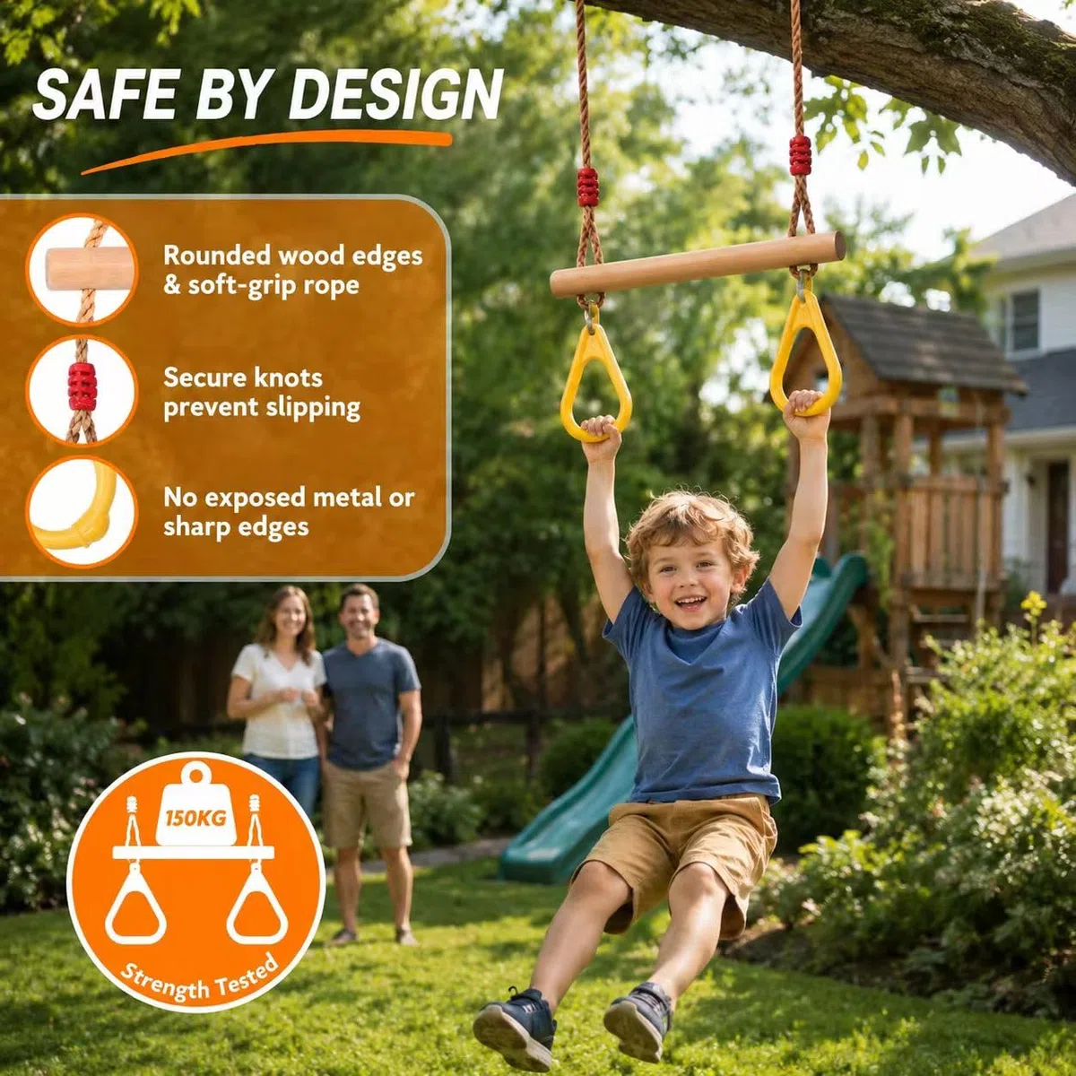 Multifunzionale Altalena a trapezio in legno, Morwealth Altalena Fitness Ring, con anelli in plastica anelli per ginnastica anelli per bambini fino a un carico di 120 kg