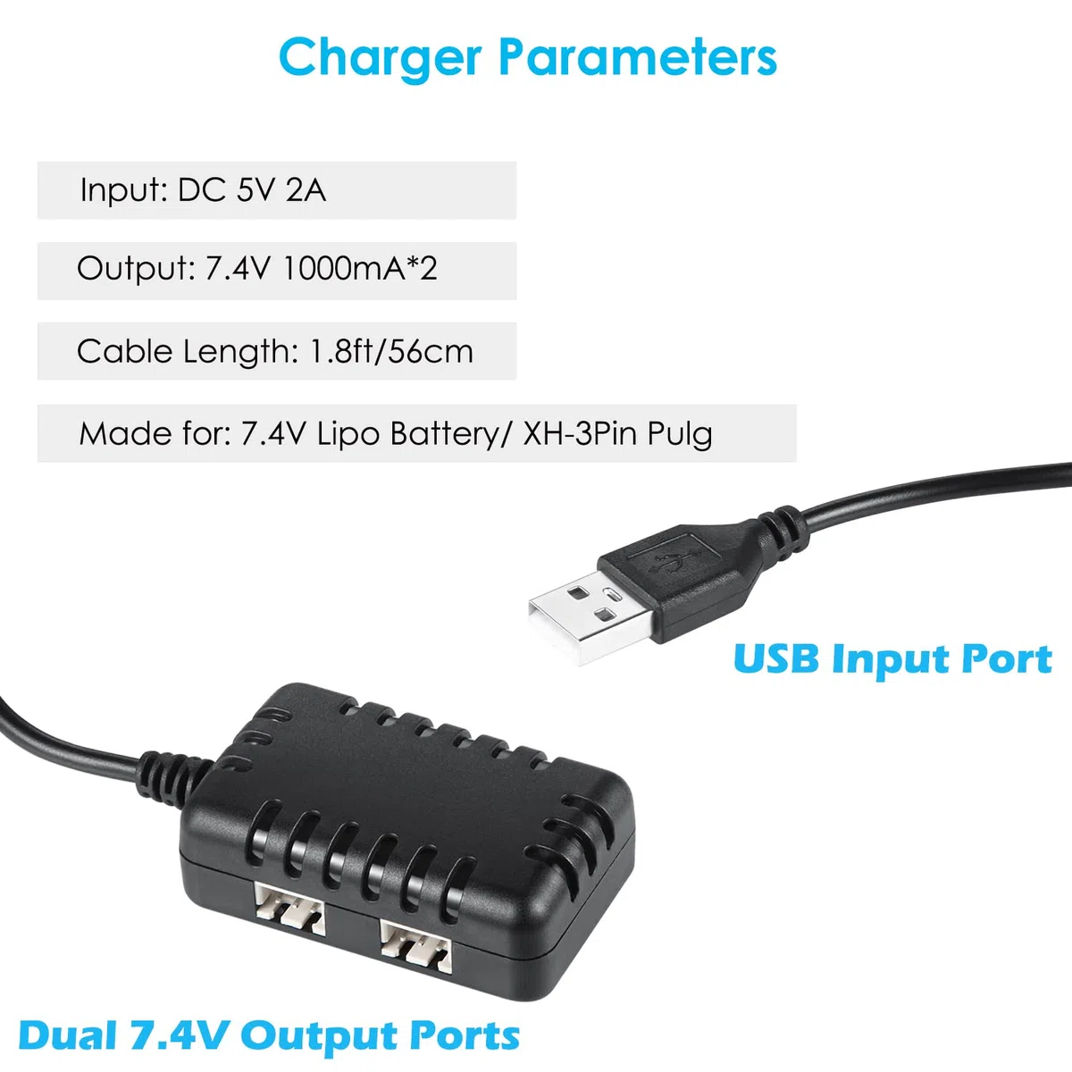 7.4V 1000mAh Lipo Battery 2S 35C Lipo RC Batteries with JST Plug Rechargeable Lithium Battery with 2 in 1 USB Charger for WLtoys A949 A959 A969 A979 K929 and Most 1/10 1/16 1/18 1/24 RC Cars
