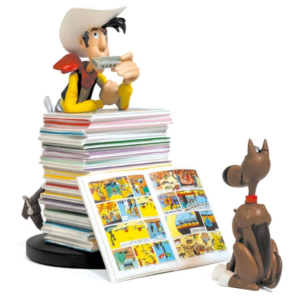 Plastoy Lucky Luke Figurina Lucky Luke e Rantanplan pila di Album - Resina - 10 cm