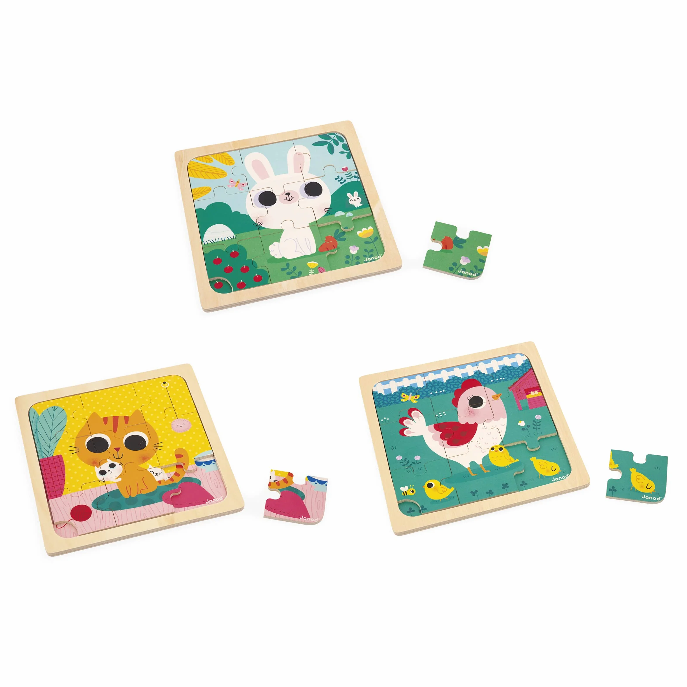 Janod - 3 Puzzle in Legno da 9 Pezzi - Gallina, Gatto, Coniglio - Giocattolo per Bambini - Gioco Educativo Prima Infanzia - Dai 18 Mesi, J07113