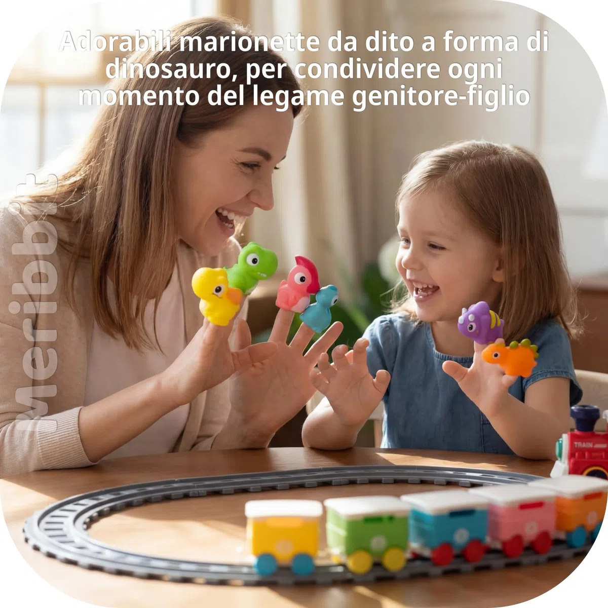 Trenino con Binari, Luci ed Effetto Vapore, Dinosauri Marionette da Dito, Giocattoli Montessori Sensoriali, Gioco Educativo per Bambini 2 Anni, Regalo 1-3 Anni
