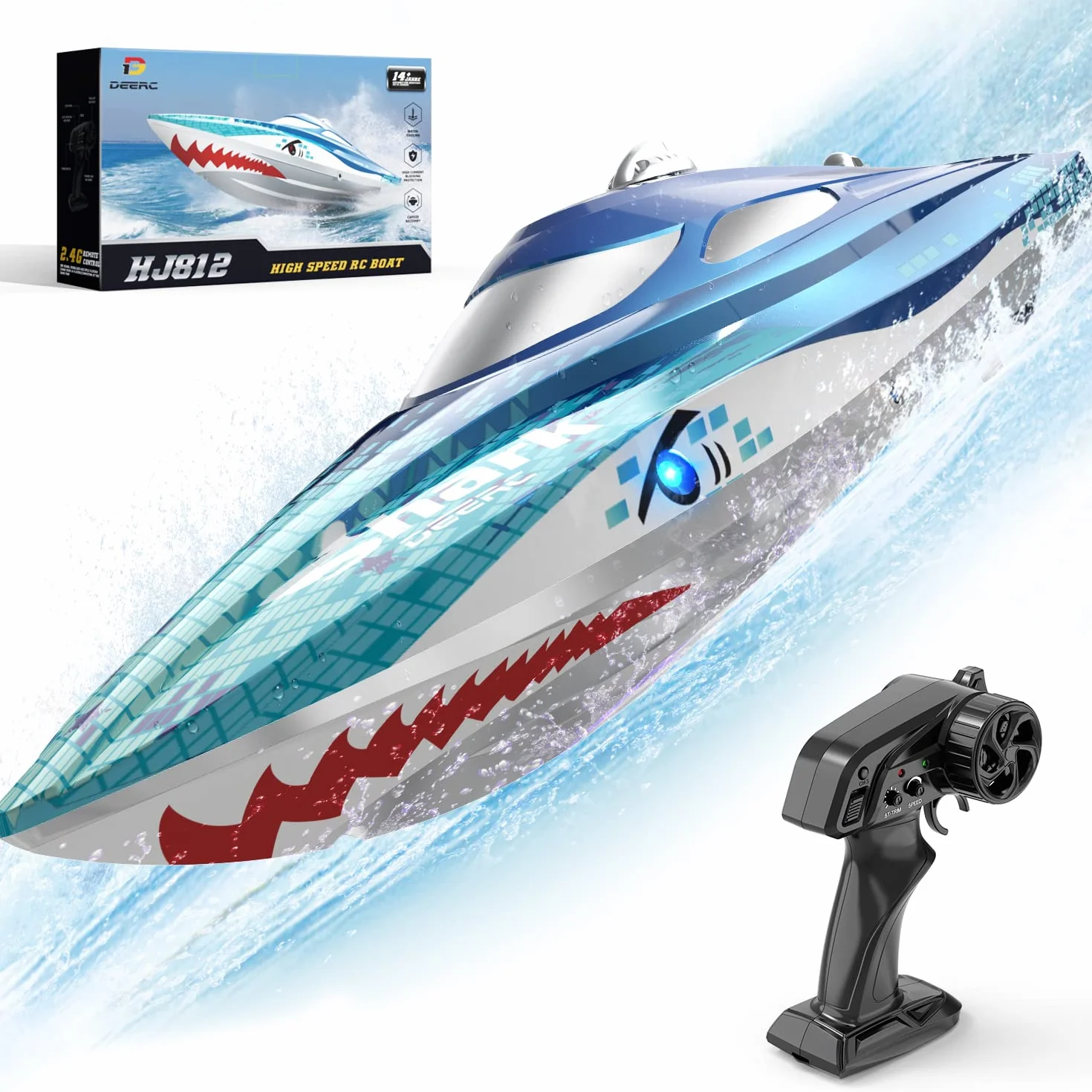 DEERC Barca RC con luce LED, barca a squalo telecomandata per piscine e laghi, barca radiocomandata da 20 km/h, barca da corsa da 2,4 GHz