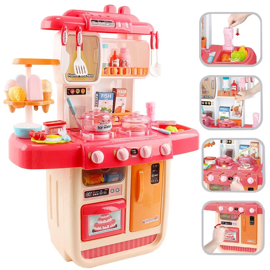 deAO Set da cucina "Mon Petit Chef" con 34 accessori, piastra di cottura a induzione, acqua, luce e suono (rosa)