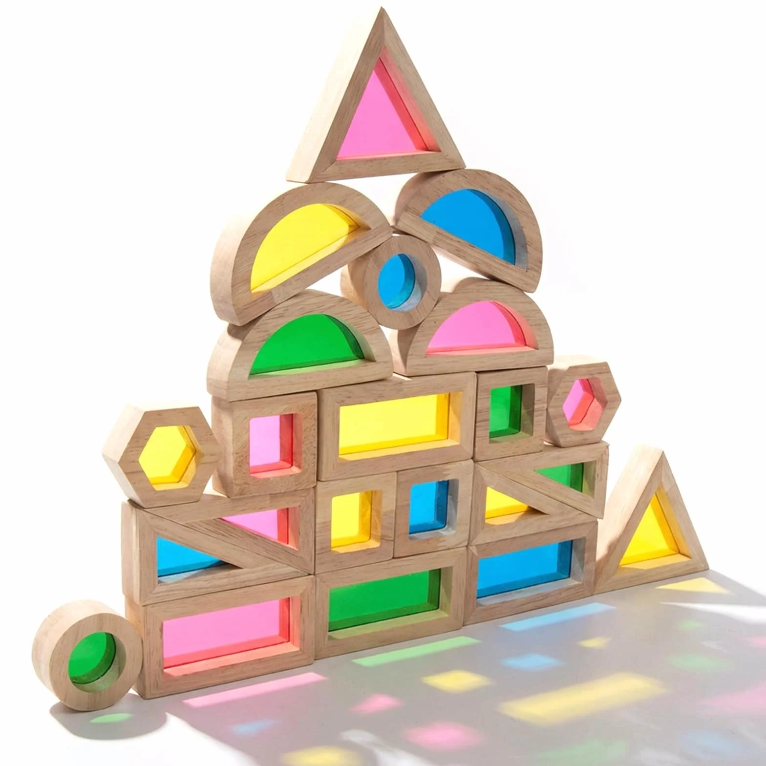WOODENFUN Montessori, 32 blocchi di luce in acrilico arcobaleno, per bambini, in legno di gomma, trasparenti, arcobaleno, acrilico (22 pezzi)