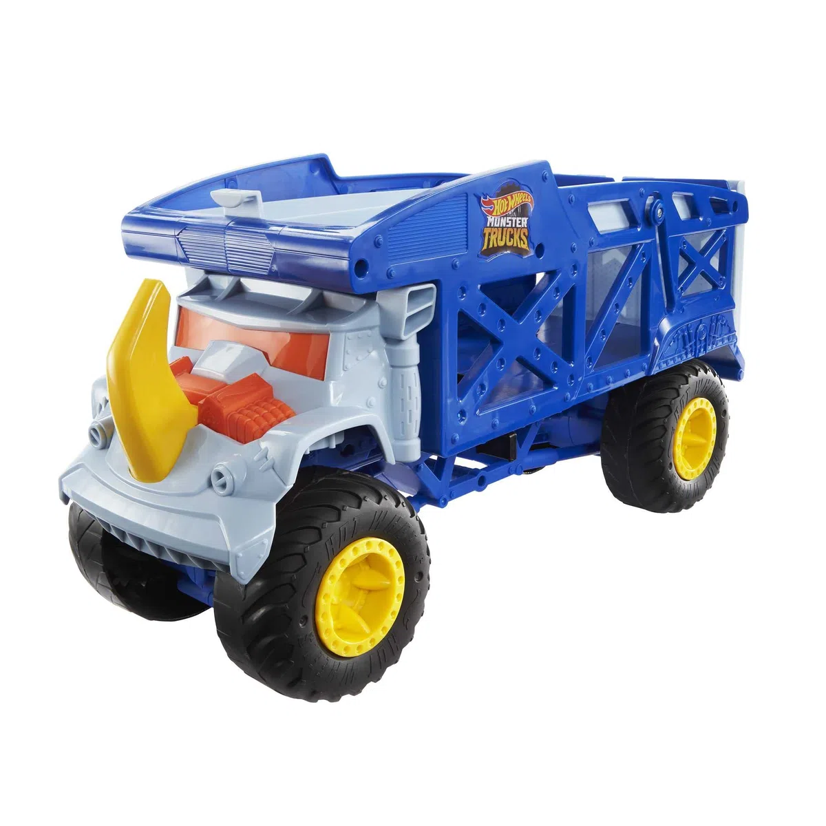 Hot Wheels - Monster Trucks Rino-Trasportatore di auto giocattolo, può contenere 12 Monster Trucks in scala 1:64, con rampa di lancio, Giocattolo per Bambini 3+ Anni, HFB13
