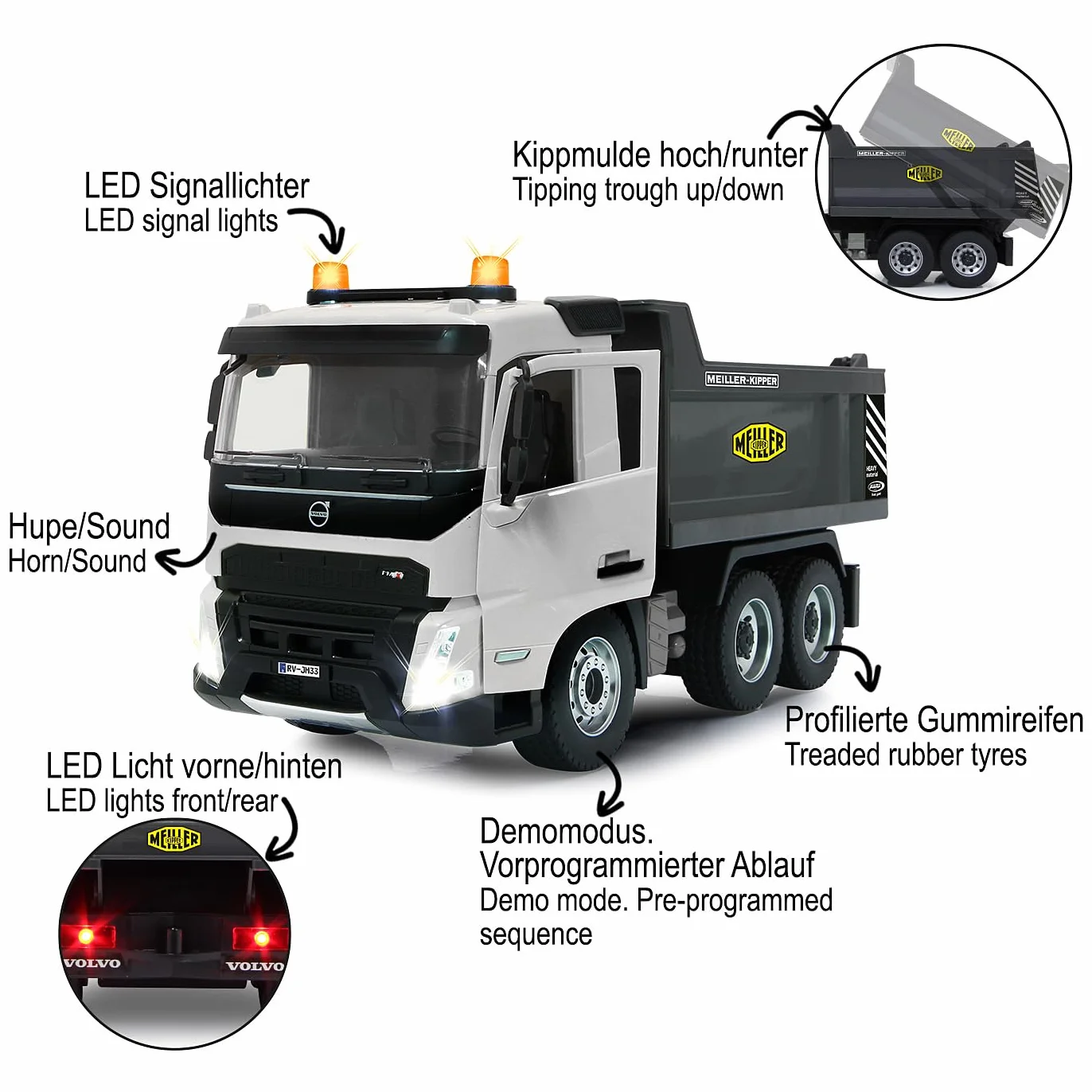 JAMARA Autocarro Volvo FMX Meiller 1:20, 2,4 GHz, con licenza ufficiale, suono di allarme di retromarcia, pneumatici in gomma profilati, luce LED, ribaltabile su/giù, veicolo da costruzione