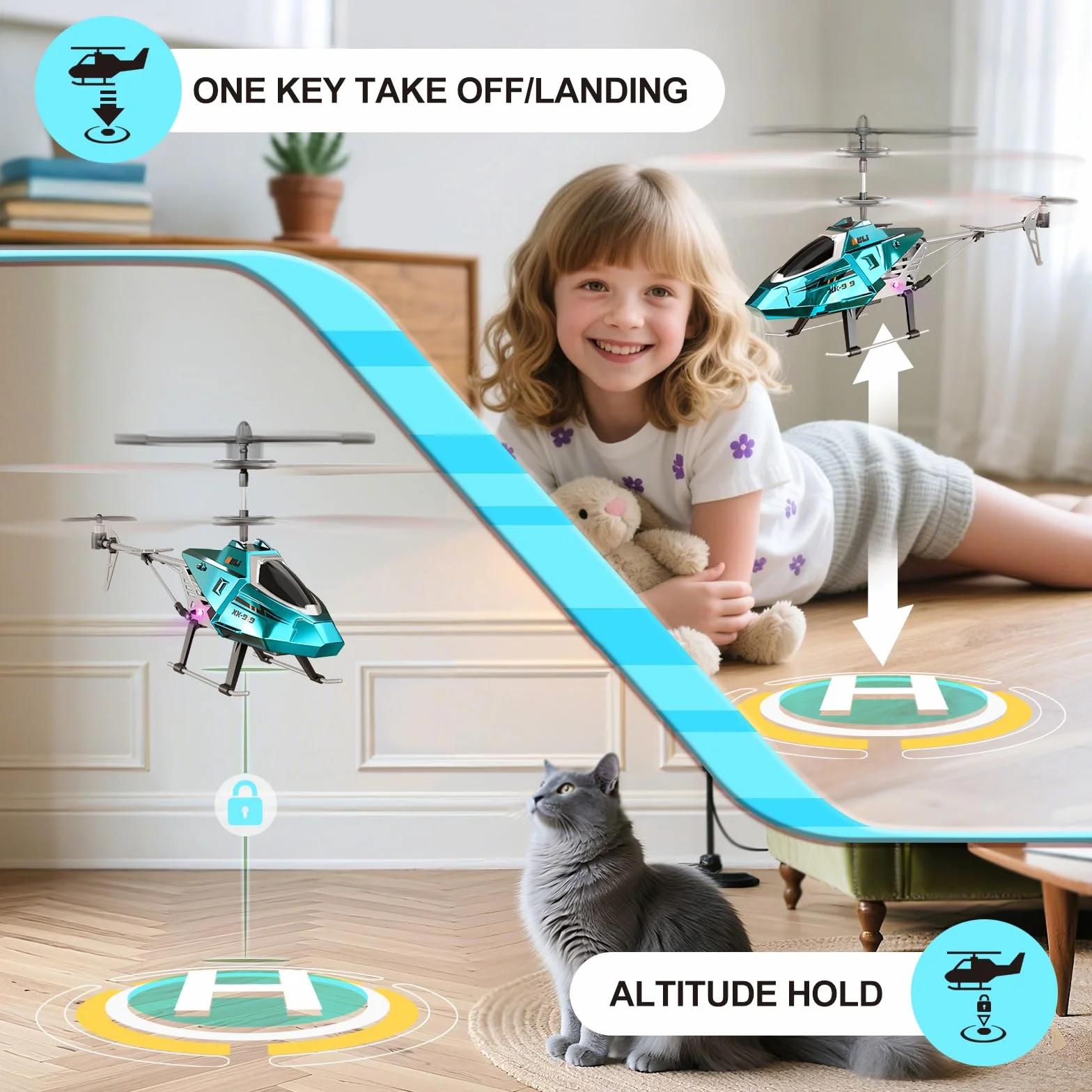 XIKOTEC Elicottero Telecomandato per Bambini, Elicottero Radiocomandato con 2 Batt, LED & Decollo/Atterraggio 1 Tasto, Elicottero Giocattolo Elicottero RC Giochi Regalo per Ragazzi 8+