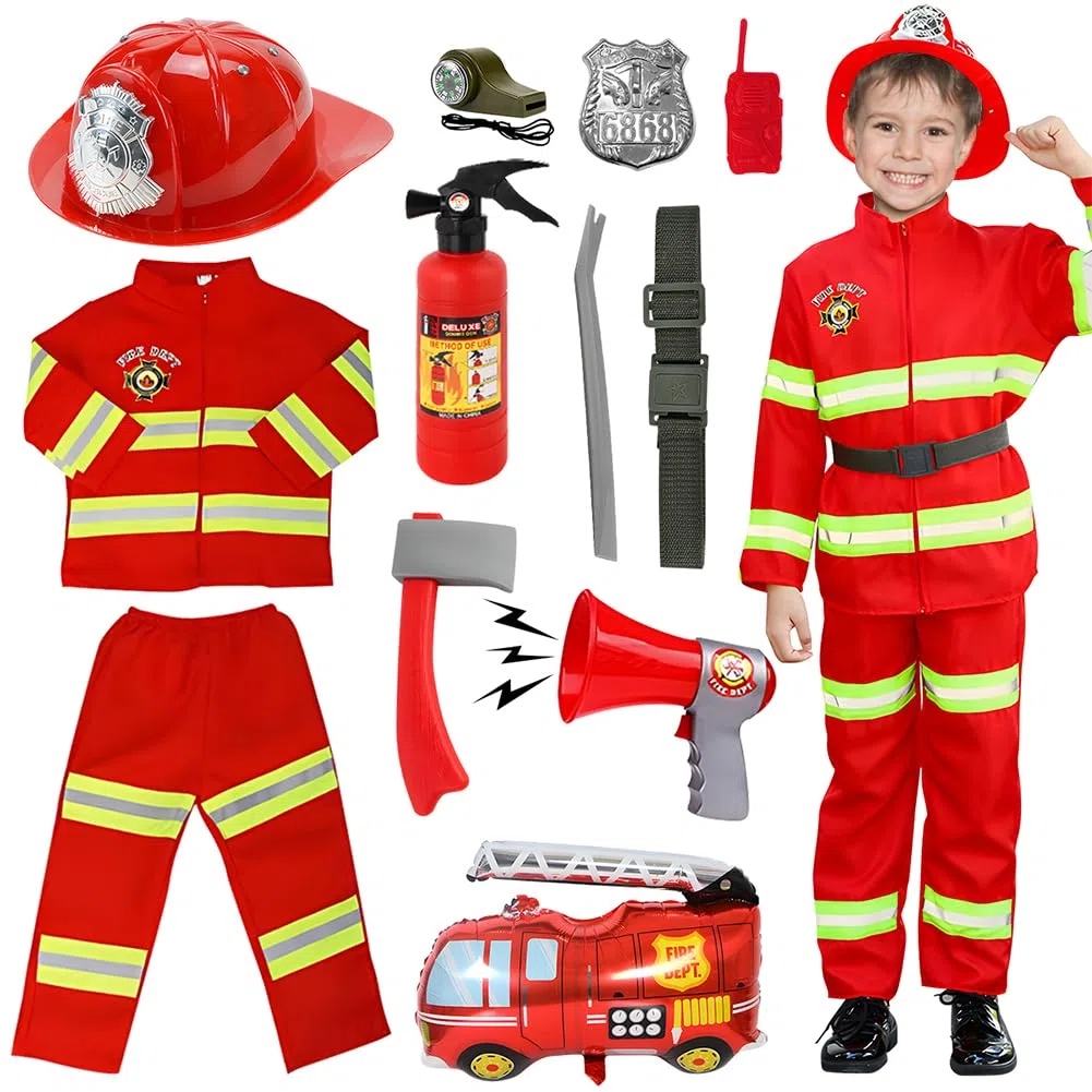 Costume da Pompiere per Bambini, 12pcs Giochi di Ruolo, Costumi di Halloween, Giocattolo 3-5 Anni per Feste in Maschera, Esercitazioni Antincendio, Scuola e Casa (110cm)