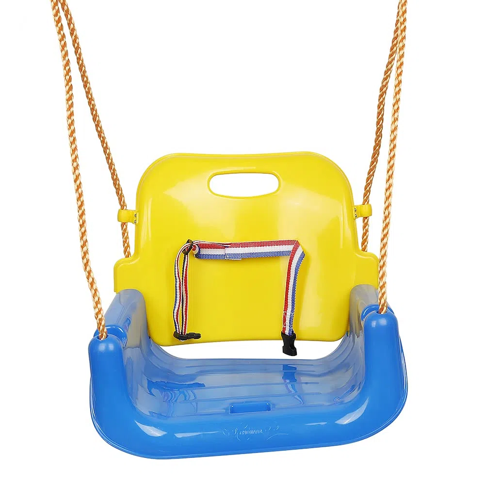 HUOLE Altalena da Giardino 3 in1 per Bambini Seggiolino Altalena Bambini Sedile in Plastica con Corrimano Schienale e Cintura di Sicurezza per Esterno Interno e Neonato (3 in 1 Blu)