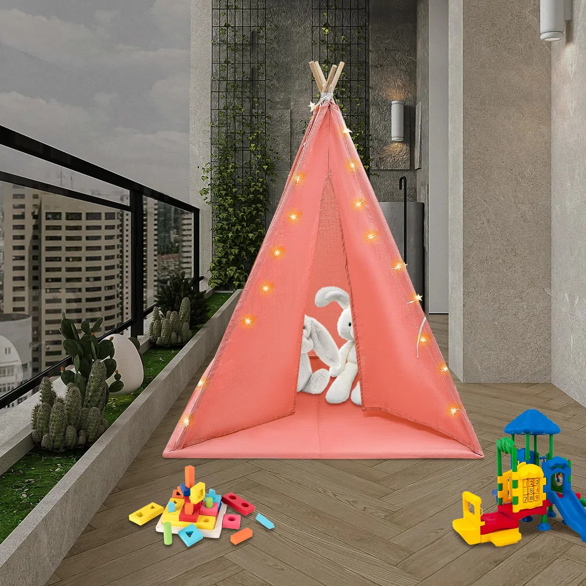 Tenda per bambini, tenda con luce, tenda da gioco per interni ed esterni, con imbottita, pieghevole, con catena luminosa, traspirante, in cotone e canapa (rosso)